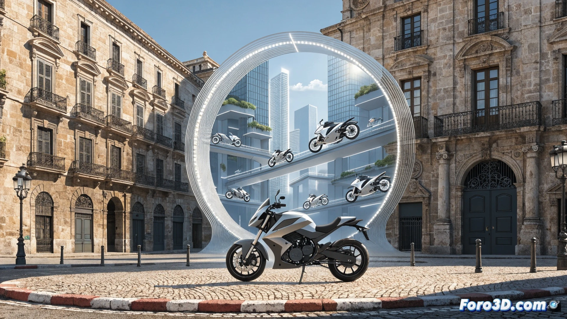 electric motorcycle navigating a smart city intersection at dusk, rider wearing a high-visibility helmet with integrated LED indicators, digital traffic management sensors mounted on traffic lights scanning the vehicle, holographic safety data overlay showing braking distance and collision avoidance zones, bike frame constructed from recycled lightweight alloys, regenerative braking system glowing with blue energy lines, road surface embedded with smart detection strips for vehicle counting, background showing Valladolid architecture with green mobility signs, cinematic engineering visualization, photorealistic urban scene, dramatic golden hour lighting with cool blue tech accents, ultra-detailed bike mechanics and safety systems