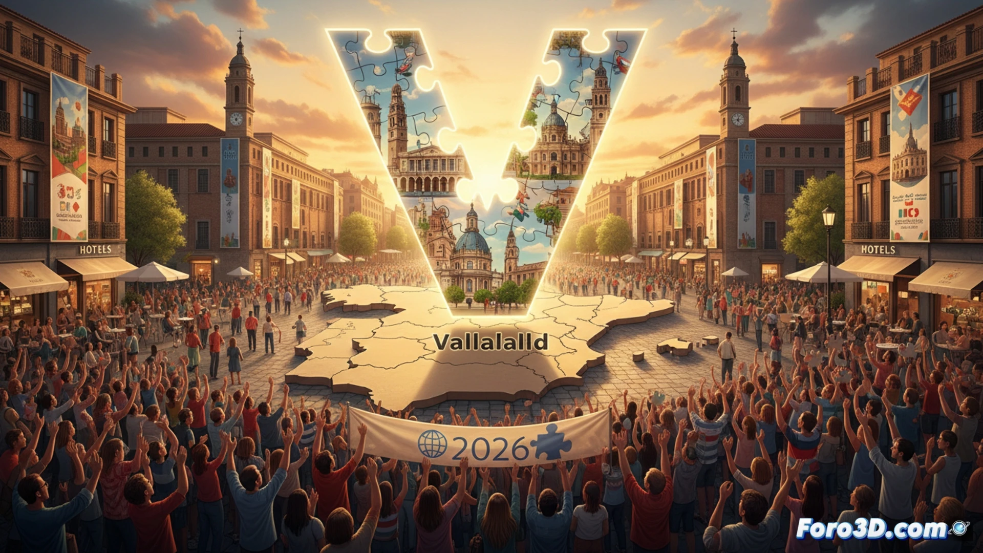 Aerial view of a vast convention hall filled with hundreds of tables covered in half-assembled jigsaw puzzles, diverse hands from multiple countries placing puzzle pieces simultaneously, large digital leaderboards showing country flags and scores, technical lighting rigs illuminating each table, workers in branded uniforms moving between stations carrying puzzle boxes, photorealistic cinematic style, warm golden hour light streaming through tall windows, bustling crowd of competitors and spectators, detailed puzzle textures and patterns visible, dynamic composition capturing the scale of 3000 participants, ultra-realistic event photography aesthetic