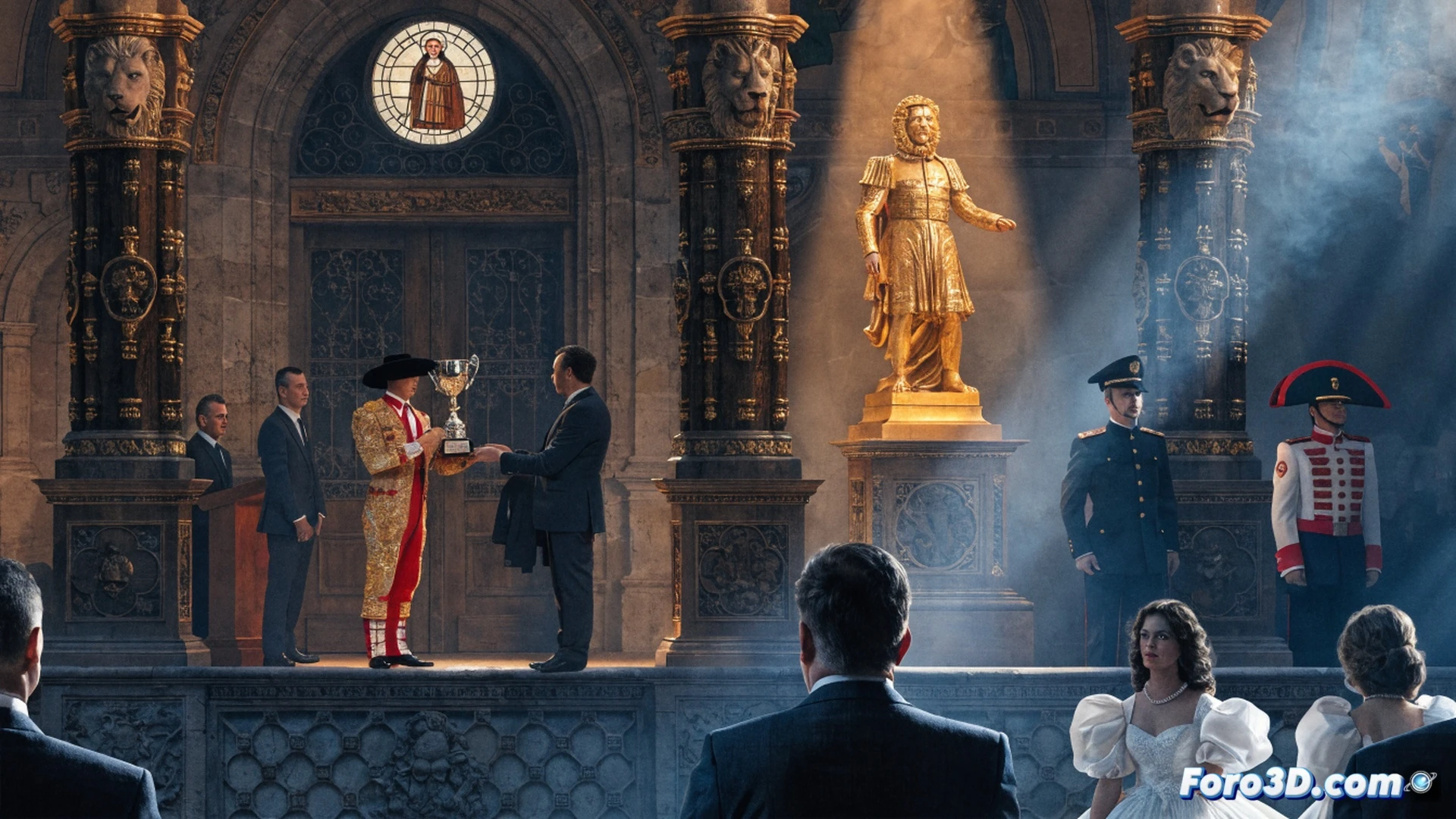 ceremony hall in Valladolid city hall, bullfighter holding silver trophy while adjusting embroidered suit of lights, municipal officials shaking hands beside a digital screen displaying feria 2025 statistics, red velvet curtain backdrop, technical lighting rig focusing spotlights on the stage, cinematic photorealistic style, shallow depth of field, golden reflections on polished floor, traditional Spanish architecture details in background, ultra-detailed textures on costumes and medals
