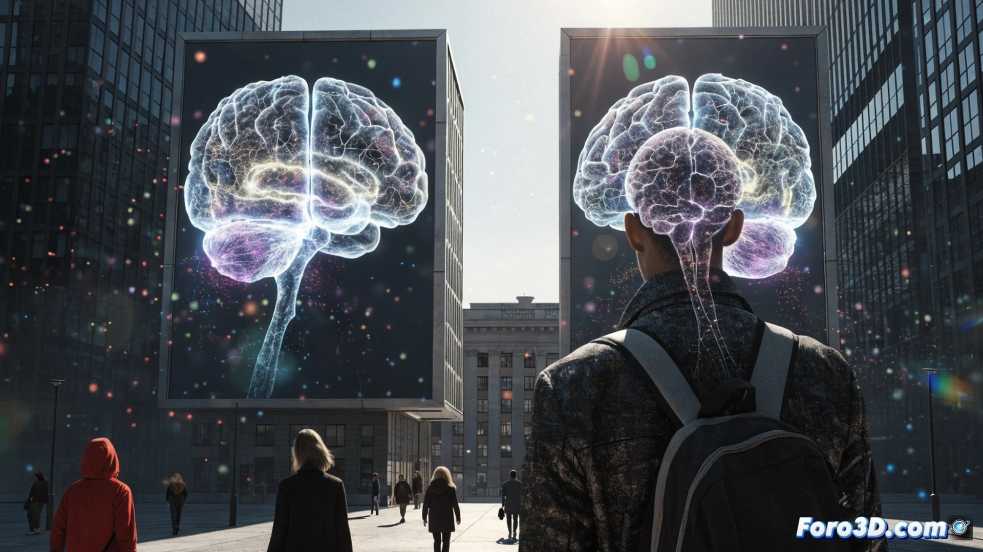 urban street scene with a large digital billboard emitting a faint blue scanning beam toward a pedestrian s head, transparent brain silhouette visible with glowing neural pathways and a coffee cup icon forming in the thought cloud above, billboard screen showing a coffee advertisement activating in real-time, surveillance camera and antenna array on the billboard frame, person mid-stride with hand reaching toward pocket, startled expression, cinematic photorealistic style, dramatic high-contrast lighting, metallic and glass city architecture, shallow depth of field focusing on the brain scan interface, technical sci-fi aesthetic