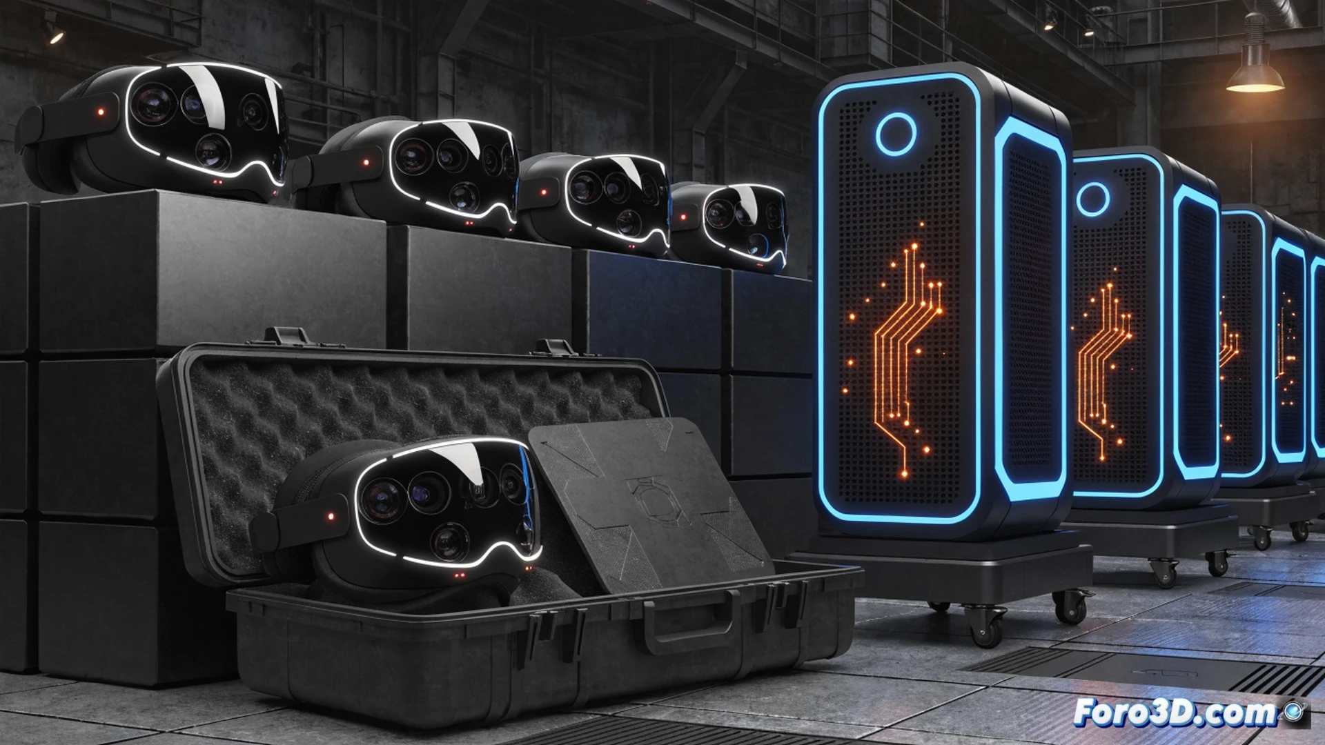Massive warehouse scene showing stacked pallets of Steam Machines in sleek black casing alongside rows of VR headset boxes, forklift moving a pallet labeled with shipping barcodes, industrial shelving units filled with hardware, workers in safety vests inspecting inventory, conveyor belt with sealed cardboard boxes, bright overhead LED lighting casting sharp shadows, dust motes in air, photorealistic logistics photography style, cinematic depth of field, metallic console vents visible through open crate, anti-static packaging foam, ultra-detailed warehouse environment
