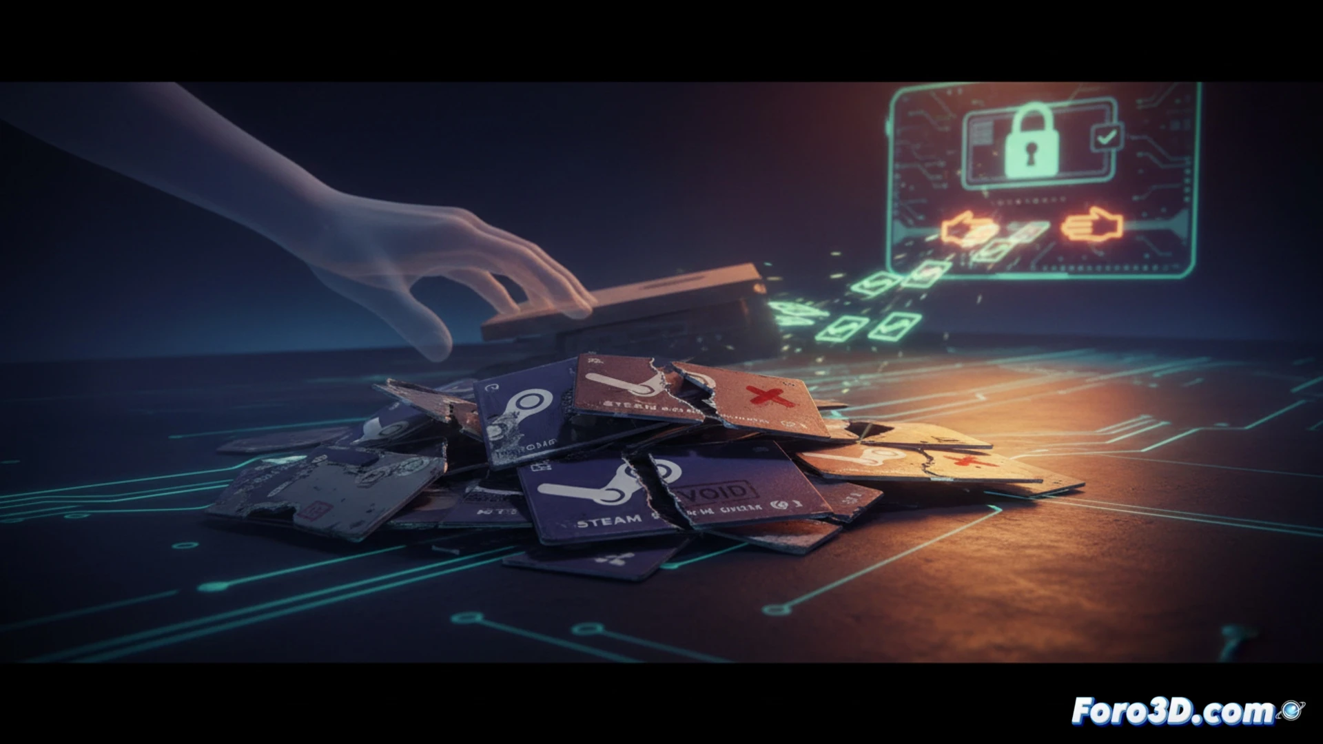 Photorealistic scene showing a supermarket checkout counter with a stack of physical Steam gift cards being pulled backward into a cash register drawer that is closing shut, a red STOP sign hologram flickering above the cards, a cashier's hand frozen mid-motion while reaching for a card, digital ghostly hand icons emerging from the cards to represent fraud, security camera feed overlay with red warning outlines, dark retail store background with blurred shelves, dramatic overhead lighting casting long shadows, ultra-detailed plastic card textures with glossy finish, cinematic technical illustration style, high contrast industrial atmosphere, motion blur on the closing drawer, glowing red scam alert symbols fading into the cards