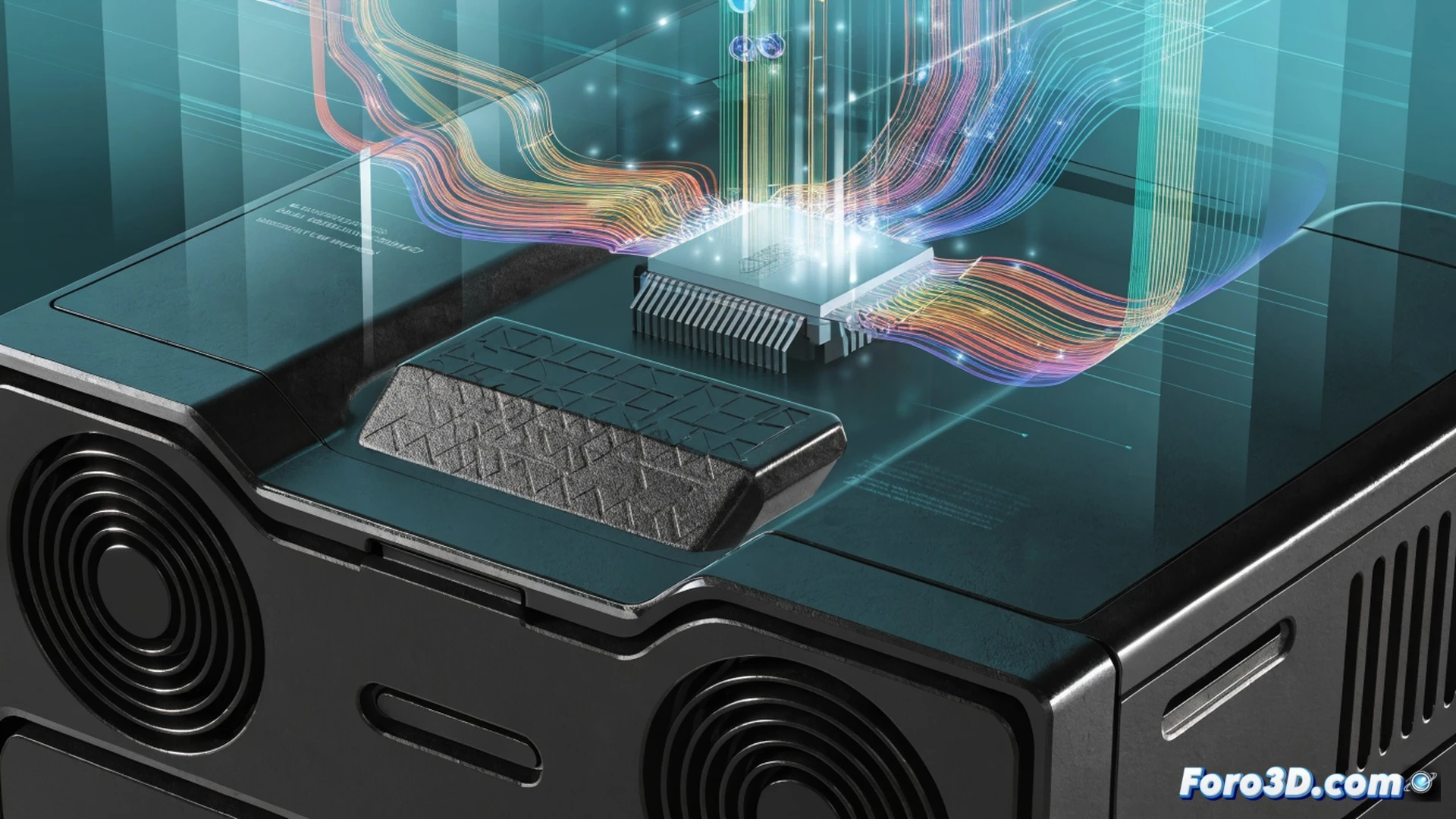 Steam Machine console interior being fine-tuned by robotic precision tools, AMD FSR 4 AI chipset glowing with cyan circuit traces, upscaling process demonstrated through sharpening grid overlay on a game scene, comparison showing blurry PS5 output transforming into crisp high-definition textures, cinematic engineering visualization, metallic casing partially open, holographic performance graphs floating above the motherboard, dramatic blue and orange lighting, photorealistic technical render, ultra-detailed micro-soldering action