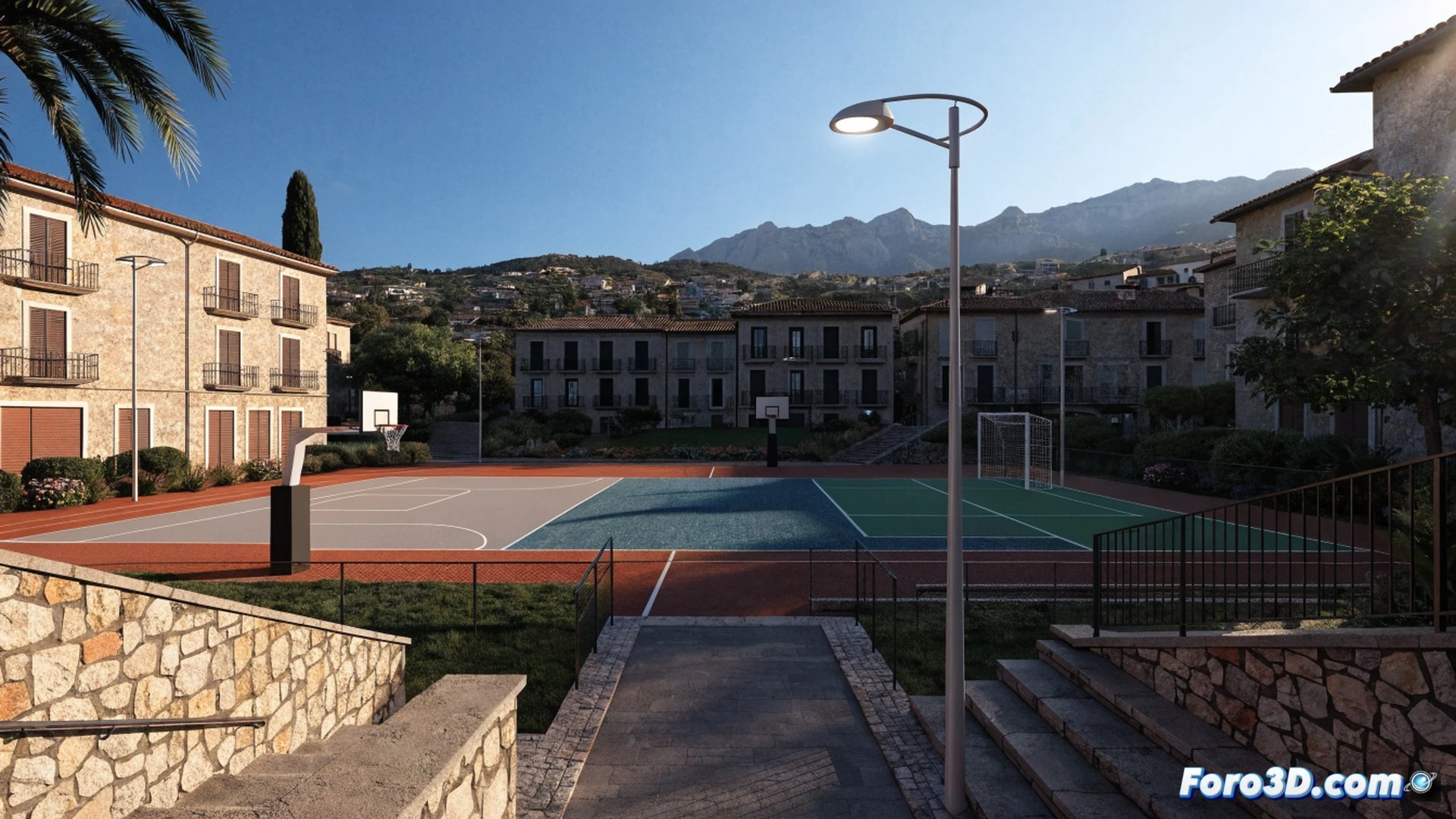 nueva pista polideportiva al aire libre con suelo de caucho sintético recién instalado, brillante y uniforme, farolas LED modernas encendidas iluminando la cancha durante el atardecer, operarios colocando las últimas piezas del pavimento con niveladoras y rodillos compactadores, jóvenes observando desde la valla perimetral mientras sostienen balones de baloncesto y fútbol, grúa pequeña elevando un poste de luz metálico, reflectores blancos apuntando hacia la superficie, sombras largas y luz cálida mezclada con luz fría artificial, estilo fotorealista cinematográfico, texturas detalladas del suelo granulado y el metal, cielo naranja al fondo, ambiente de renovación urbana segura y activa