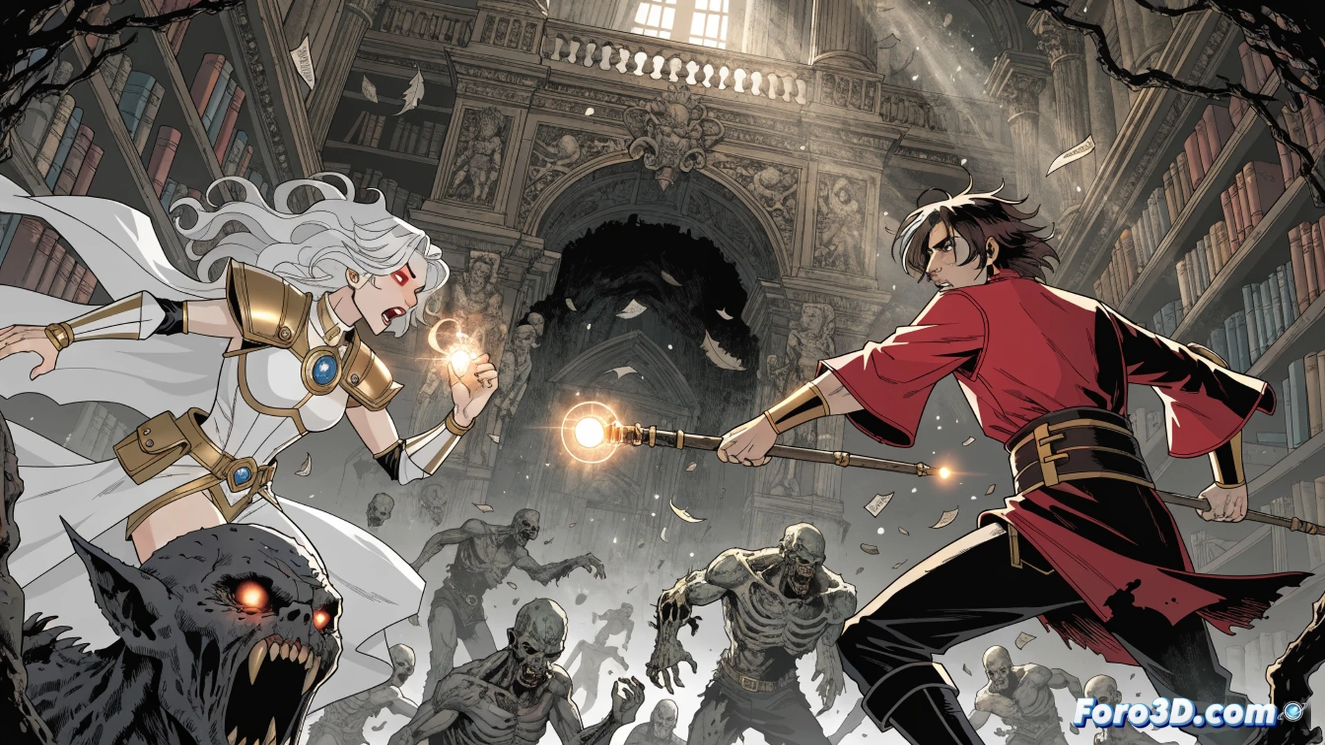 Pixel-art inspired comic book panel scene, a lone survivor with a whip stands on a bloodstained library floor, facing a massive wave of bats and skeletons emerging from shattered bookshelves, glowing gems and garlic cloves scattered on the ground, technical illustration style blending retro game sprites with modern comic inking, dynamic action pose during combat, dramatic chiaroscuro lighting, thick black outlines, halftone shading, dust motes and particle effects frozen mid-air, cinematic composition with low angle view, high-contrast palette of deep reds, golds, and dark blues, ultra-detailed texture on wooden shelves and ancient tomes