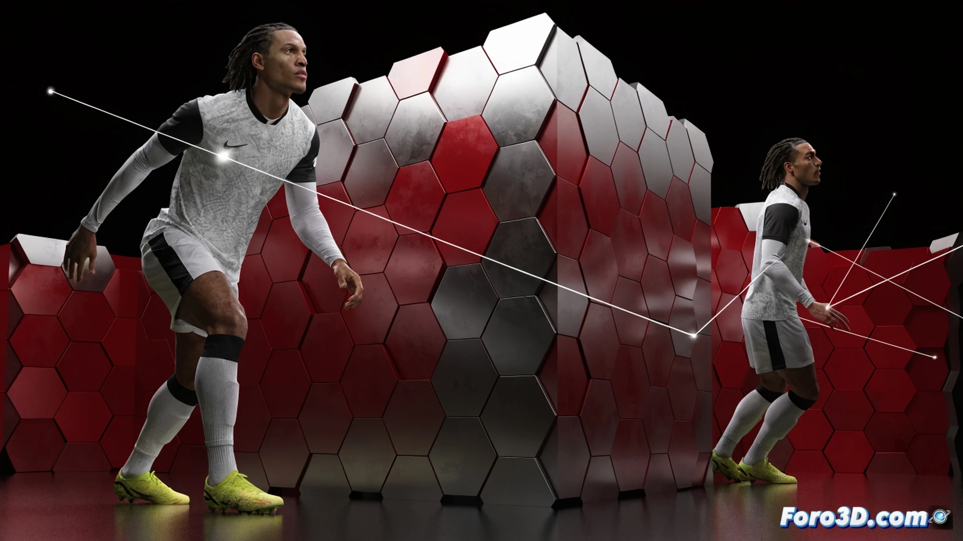 digital wireframe scan of Virgil van Dijk in mid-action intercepting a pass, glowing blue laser lines tracing his body mechanics and passing trajectory, transparent 3D grid showing tactical positioning, football pitch grass texture beneath, technical engineering visualization, motion capture markers on his limbs, real-time data overlays as holographic elements, biomechanical joint angles highlighted, photorealistic render with cinematic lighting, dark studio background with subtle orange accent light, ultra-detailed muscle definition under kit