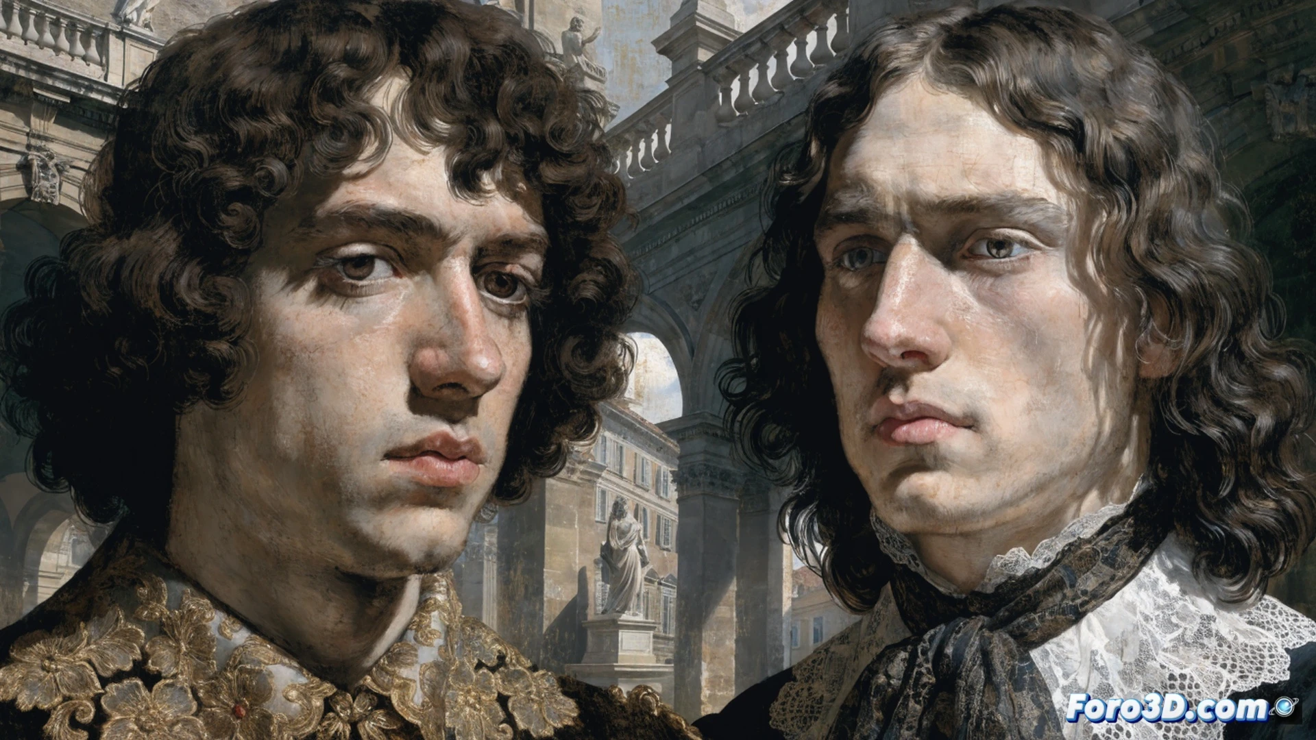 joven Anton van Dyck pintando un retrato en un estudio genovés iluminado por luz natural, pincel aplicando vibrantes colores azul y dorado sobre un lienzo de gran formato, modelo aristocrática posando con vestido de seda roja, caballete de madera tallada, paleta con pigmentos frescos, ventana arqueada mostrando el puerto de Génova, sombras dramáticas contrastando con la vivacidad del retrato, estilo cinematográfico renacentista, texturas de óleo sobre lino visibles, iluminación lateral cálida, photorealistic technical illustration