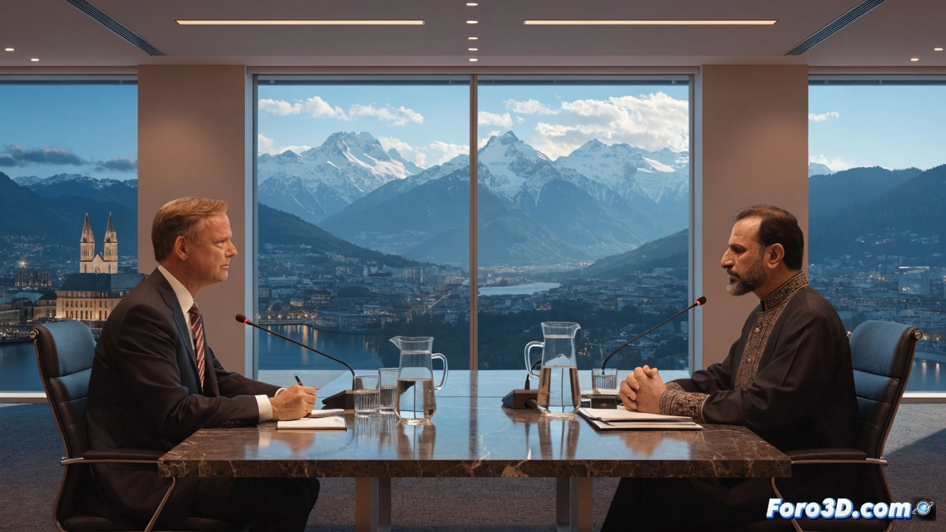 Close-up of a diplomatic negotiation table with an open laptop displaying a nuclear reactor schematic, a UN inspector badge and a sealed document folder being passed across the table, a handshaking gesture in mid-action, Swiss mountains visible through a window, soft natural lighting, cinematic photorealistic style, technical atmosphere with security briefcase and radiation monitoring device on the table, subtle tension in the scene, ultra-detailed textures on leather folders and metal briefcase, dramatic shadows emphasizing the diplomatic process