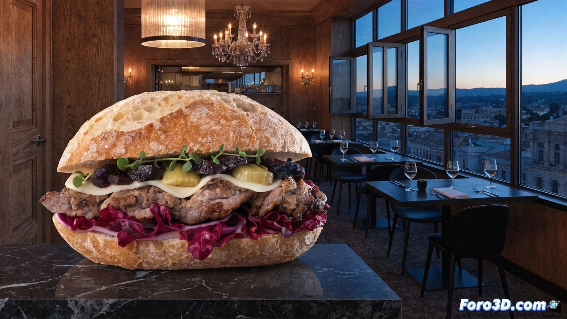 Chef hands slicing a roasted lamb Paquito sandwich on a wooden board, cross-section revealing layers of tender meat, local cheese, and artisan bread, steam rising, rustic kitchen tools like a carving knife and cast-iron pan in background, Mérida stone wall texture visible, warm golden lighting, photorealistic culinary photography, shallow depth of field, fresh herbs scattered, ceramic plate edge, dramatic shadows highlighting ingredients, technical food styling with precision cut lines.