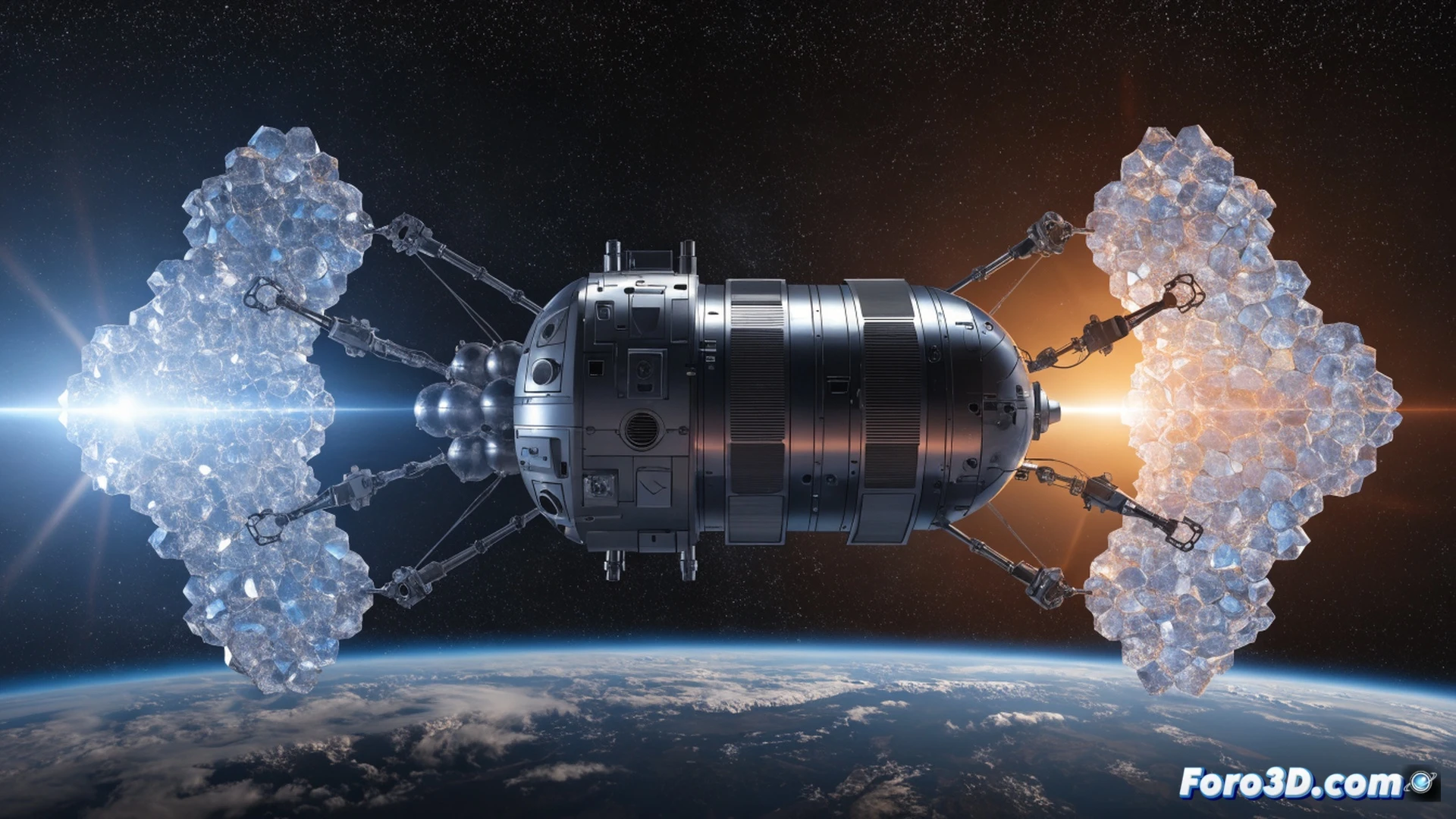 Microfábrica espacial Varda W-1 en órbita terrestre, cristales farmacéuticos formándose en microgravedad dentro de reactores transparentes, brazos robóticos manipulando viales sellados al vacío, paneles solares brillando con luz estelar, fondo de estrellas y curvatura terrestre azul, proceso de cristalización mostrando estructuras geométricas perfectas flotando en solución, ingeniería de precisión con sensores láser y cámaras de alta resolución monitoreando el crecimiento, estilo cinematic photorealistic, iluminación dramática desde la Tierra, texturas metálicas pulidas, reflejos especulares en superficies de cuarzo, atmósfera de laboratorio orbital futurista, ultra-detallado