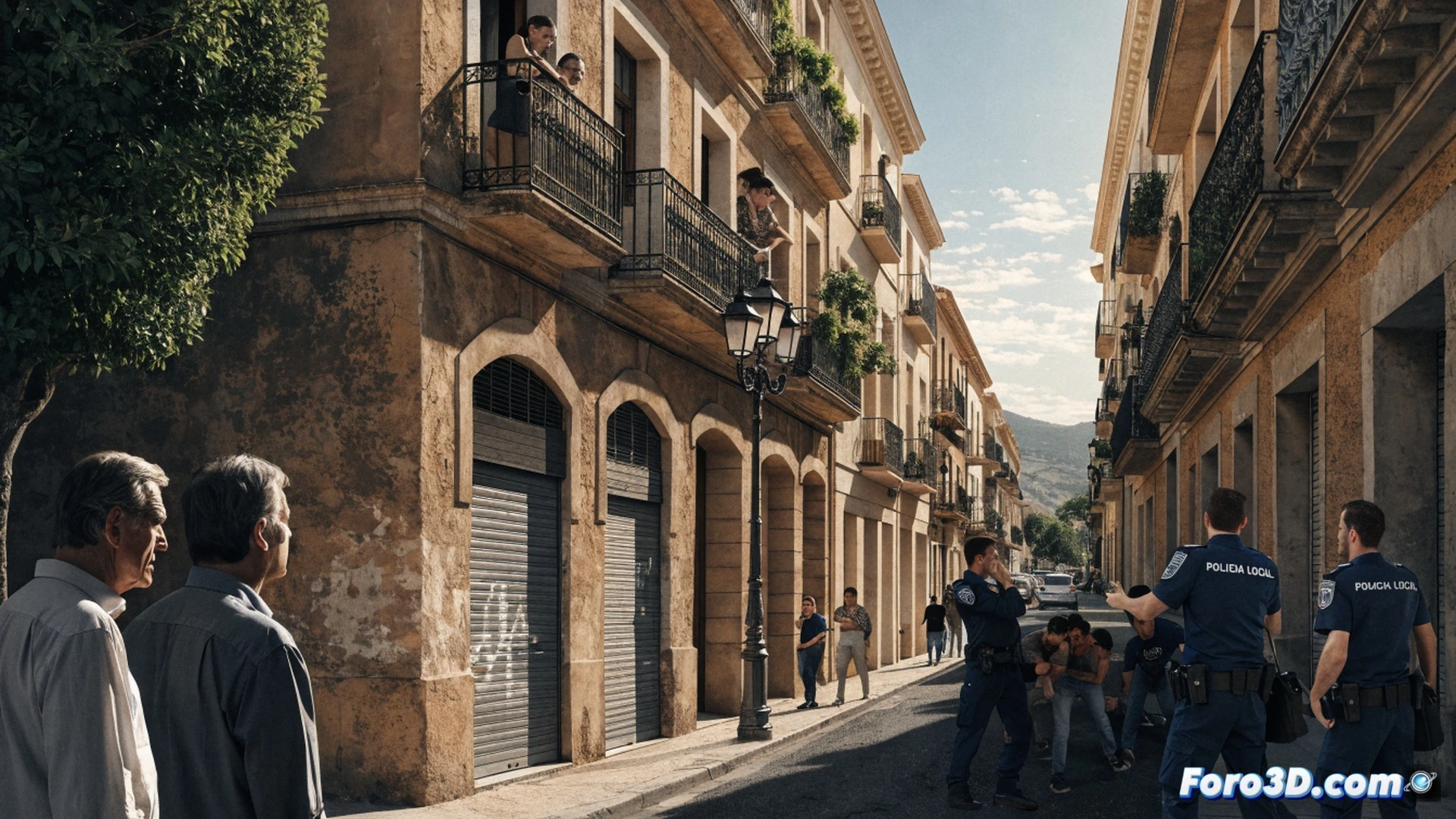 Policía Local en acción preventiva frente a vivienda con puerta forzada, agentes revisando cerradura dañada y marco metálico, vecino señalando desde la acera mientras otro vecino sostiene un teléfono mostrando el aviso, calle adoquinada con farolas encendidas, cámara de seguridad visible en fachada, luz de alba creando sombras alargadas, estilo cinematográfico fotorrealista, texturas de ladrillo y metal desgastado, atmósfera de vigilancia urbana, encuadre picado mostrando la acción coordinada