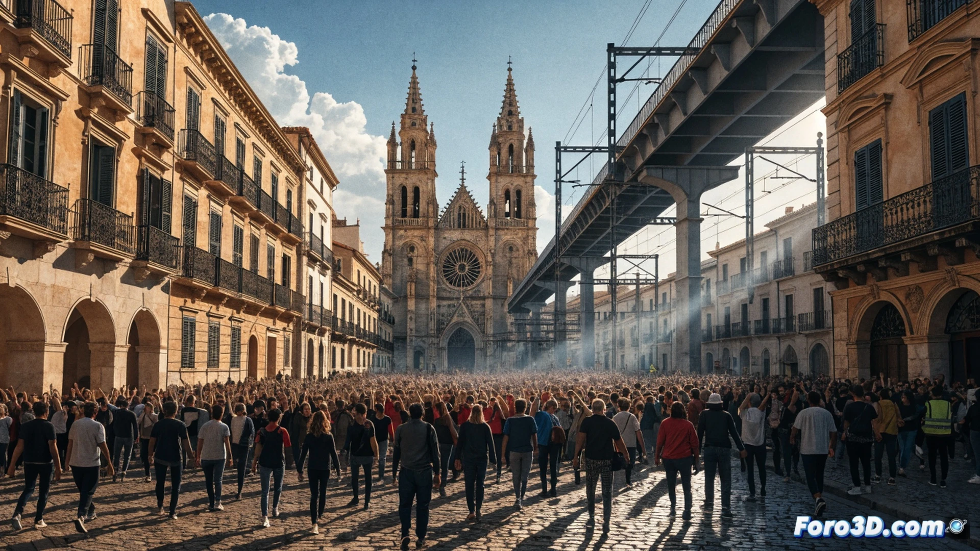 crowd of 1,500 protesters filling a railway intersection in Alcázar de San Juan, holding signs against the Montoro bypass, a red train halted on tracks behind them, railway switches and signal posts visible, engineering visualization showing a bypass route map on a large screen beside the demonstration, activists pointing at the map while blocking a maintenance vehicle, cinematic photorealistic style, dramatic overcast sky, industrial station architecture, motion blur on waving arms, detailed crowd faces and rail infrastructure, high-contrast lighting