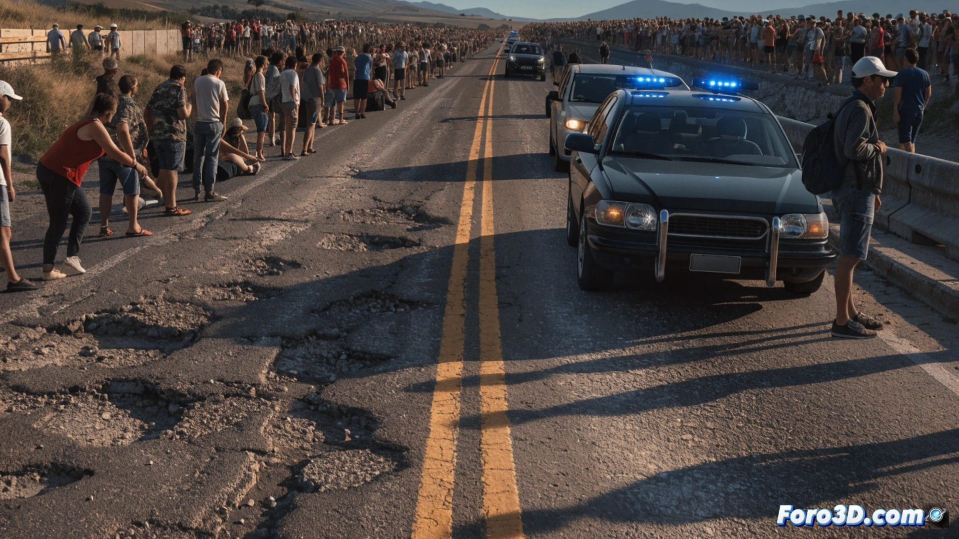 Manifestación de 1.500 personas bloqueando la carretera N-430, firme agrietado y baches profundos visibles, un camión de mercancías detenido junto a un vehículo particular con el capó abierto mostrando fallo mecánico, carteles de protesta sostenidos por vecinos, asfalto desgastado con marcas de derrapes, señalización vial dañada y reflectores rotos, ingenieros civiles inspeccionando el pavimento con equipos de medición de rugosidad y GPS, durante una escena de atardecer con nubes densas, estilo cinematográfico fotorrealista, iluminación dramática con sombras alargadas, texturas detalladas de grietas y desgaste del asfalto, cámara a nivel del suelo mostrando la acción de la protesta y la urgencia técnica.