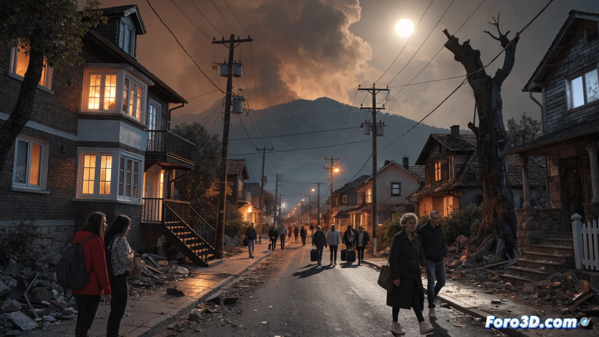 Aerial view of a small rural village at dusk, 250 residents walking back along a dusty road toward their homes, smoke-stained firefighting vehicles parked on the outskirts, charred vegetation on a nearby hillside still emitting thin white steam, firefighters in protective gear coiling hoses and checking thermal cameras, a family embracing in front of a house with soot-streaked walls, cinematic photorealistic style, warm golden hour light contrasting with residual smoke haze, emotional human scale, ultra-detailed textures of burned grass and fire equipment, dramatic yet hopeful atmosphere