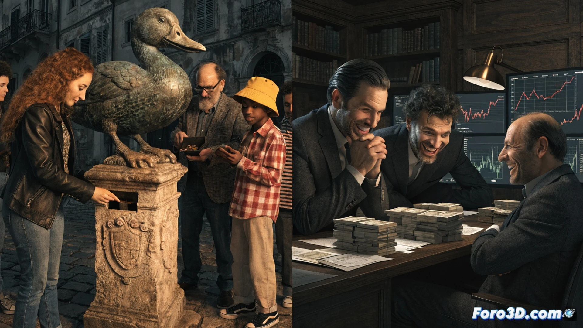 Photorealistic cinematic scene of a historic building facade being dismantled by construction workers, while a group of citizens holds a crowdfunding banner and a digital tablet showing a legal protection petition, a developer in a suit counting money in the foreground, local government officials turning away in the background, broken antique tiles and architectural blueprints scattered on the ground, dramatic contrast between warm heritage colors and cold metallic scaffolding, ultra-detailed textures of stone and steel, golden hour lighting casting long shadows, technical illustration style with sharp focus on legal documents and financial tools