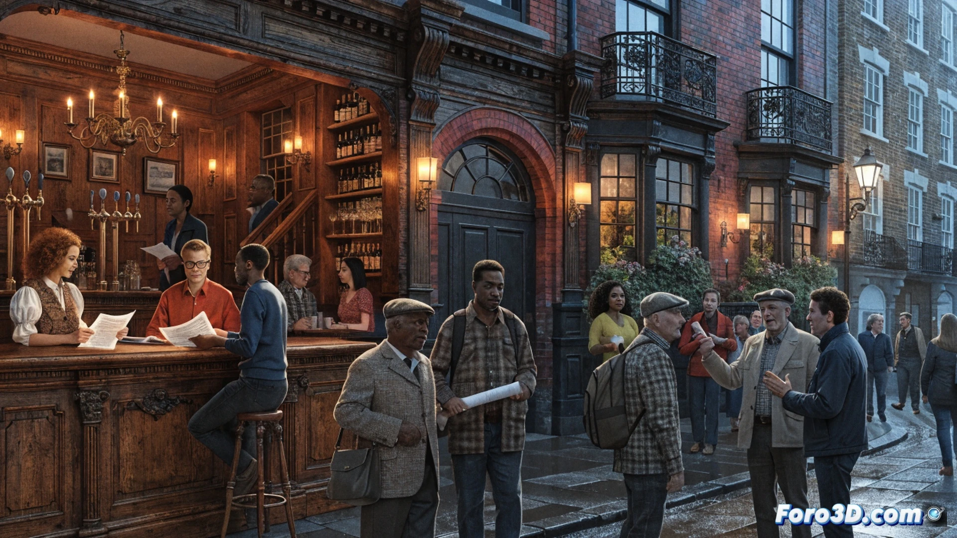 Historico pub victoriano con fachada de ladrillo rojo, vecinos diversos sosteniendo documentos de acciones comunitarias y un modelo arquitectonico de conservacion del edificio, mientras una maqueta de excavadora se detiene al fondo, mostrando el proceso de proteccion patrimonial contra la especulacion, herramientas de planificacion urbana sobre una mesa de madera, mapas tecnicos y plumas fuente, estilo fotorealista cinematografico, iluminacion diurna suave desde ventana, texturas de ladrillo envejecido y madera pulida, atmosfera de triunfo colectivo, alta definicion tecnica