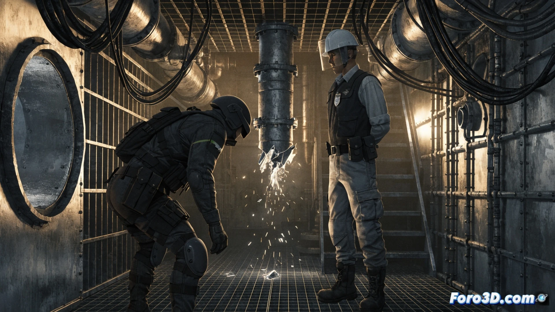 cinematic shot of a metal pipe detaching from a ceiling in a dimly lit ship engine room, falling toward a tiled floor while a soldier in tactical gear turns his head in reaction, steam rising from nearby valves, photorealistic technical illustration, dramatic side lighting, metallic reflections on the pipe surface, dust particles disturbed by the impact, hyper-detailed industrial environment, Kojima-style cinematic realism