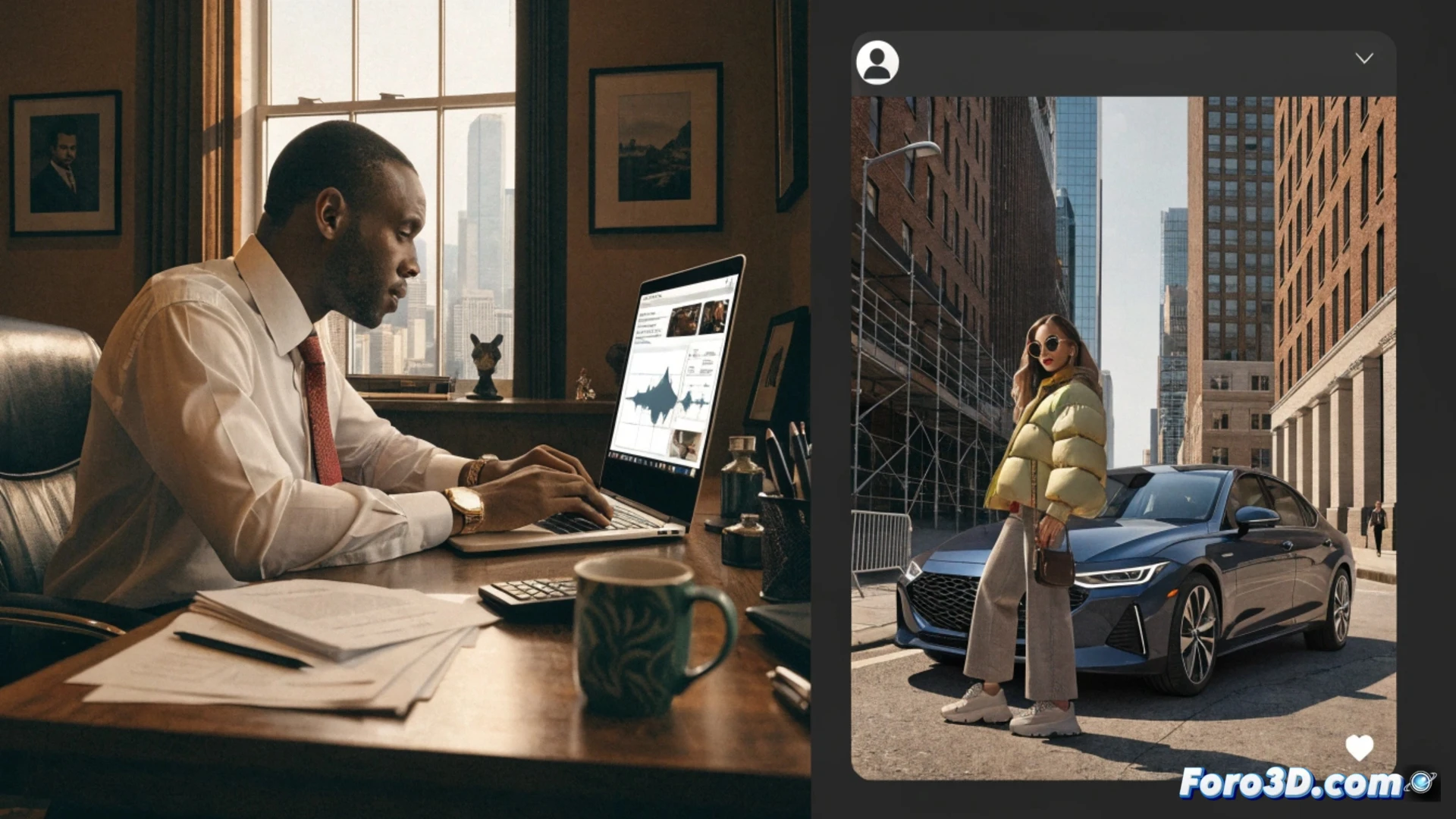 photorealistic scene of a smartphone displaying a Facebook Marketplace ad for a car, next to a laptop showing an AI image generation interface with a female portrait, a confused buyer looking at the screen while a seller gestures toward the car in a messy garage, dramatic side lighting, hyper-detailed reflections on phone screen and car windshield, realistic skin textures on the AI-generated face, technical elements like mouse cursor over generation parameters, dust particles in sunlight, cinematic composition, shallow depth of field