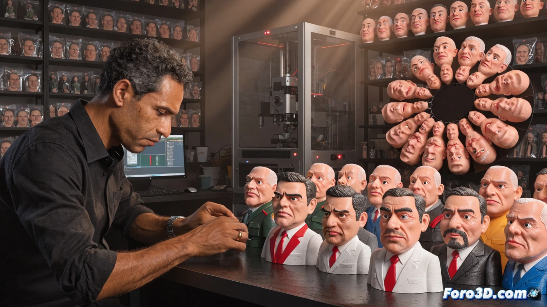 Un diseñador venezolano manipula una impresora 3D en funcionamiento durante la fabricación de una figura política detallada, capas de filamento plástico derritiéndose y solidificándose sobre la boquilla caliente, muñecos terminados alineados en una mesa de trabajo con expresiones satíricas, luces LED azules iluminando el proceso, fondo de taller desordenado con herramientas técnicas y rollos de filamento, estilo cinematográfico hiperrealista, texturas rugosas de impresión visibles, sombras dramáticas, escena de creación artesanal y crítica social.