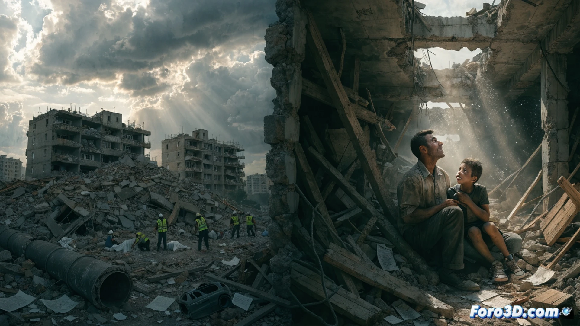 Cinematic photorealistic scene of a collapsed concrete building in Venezuela after a 7.5 earthquake, rescue workers in orange helmets using hydraulic spreaders and thermal imaging cameras amid twisted steel rebar and dust, a father and child being pulled alive from a narrow gap under a fallen slab, rubble piles with exposed electrical wires and broken pipes, search dogs sniffing debris, dramatic low-angle shot, heavy smoke and dust particles in the air, emergency lights casting harsh shadows, ultra-detailed structural damage, realistic disaster zone lighting, technical rescue equipment visible, intense emotional action