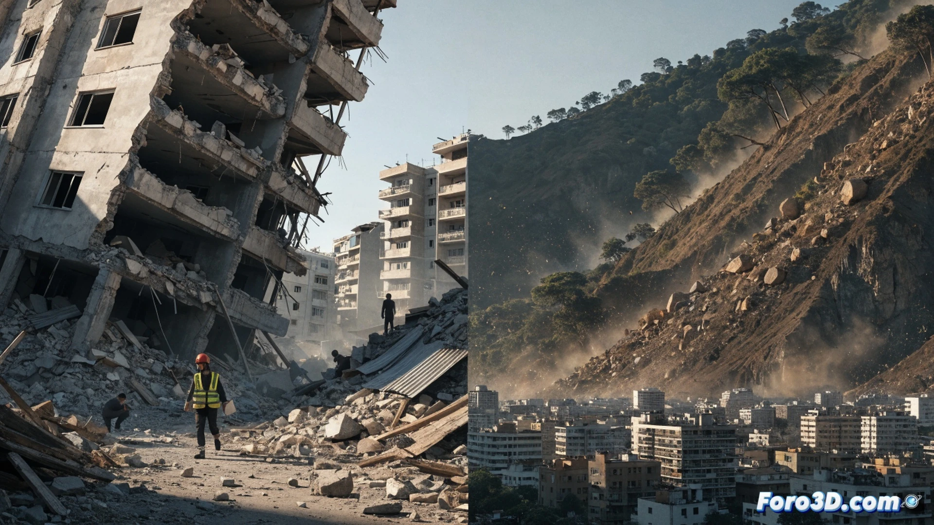 Rescue workers in orange helmets searching through collapsed concrete building rubble in Caracas, twisted steel rebar exposed, cracked pavement covered in dust and debris, overturned vehicles on a fractured road, portable seismic monitoring equipment on the ground showing waveform spikes, emergency lights flashing, people being carried on stretchers, dust clouds rising under overcast sky, dramatic cinematic photorealistic illustration, wide-angle view showing immediate post-disaster action, high contrast lighting emphasizing danger and urgency