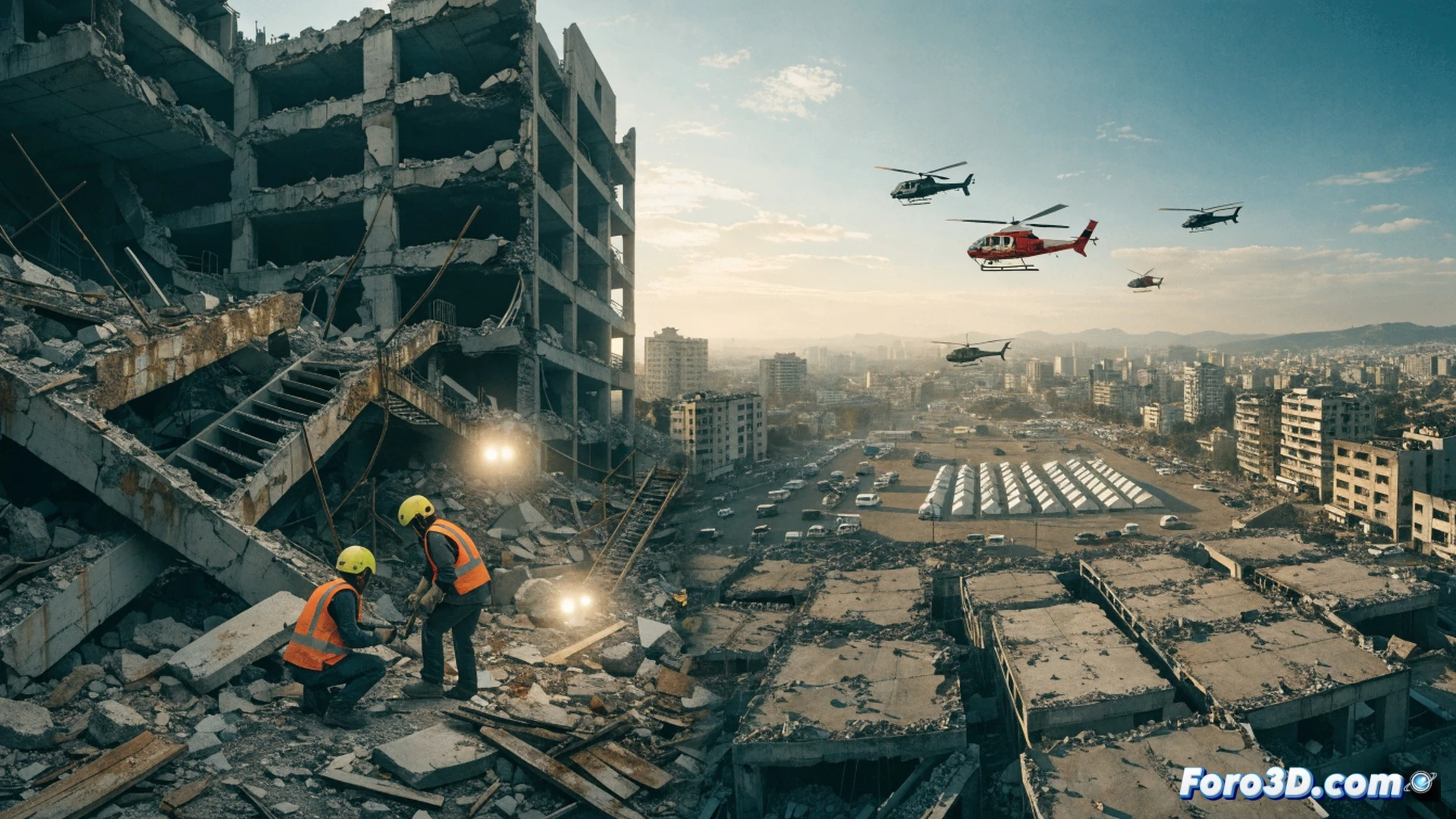 rescue workers in orange suits and hard hats lifting debris from a collapsed concrete building in Caracas, two seismograph monitors showing 7.2 and 7.5 magnitude spikes, a white UN cargo plane on a runway with medical supply pallets being unloaded, a French rescue dog searching near a cracked wall, cinematic photorealistic technical illustration, dramatic golden sunset lighting, dust particles suspended in air, emergency vehicles with flashing red lights in background, ultra-detailed rubble textures, high-angle shot showing the scale of destruction