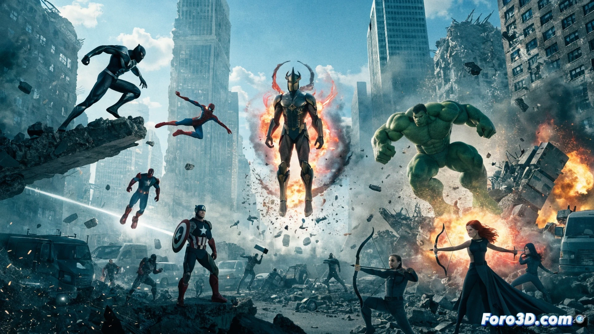 Vengadores volando sobre una ciudad en llamas mientras Doctor Doom observa desde un balcón, equipo de monitoreo satelital de la ONU mostrando señales de interferencia en pantallas holográficas, documentos legales rotos flotando en el aire, estilo cinematográfico con iluminación dramática de atardecer, sombras alargadas, humo y escombros, tonos metálicos y rojos, representación fotorrealista de alta definición, texturas detalladas en armaduras y dispositivos tecnológicos