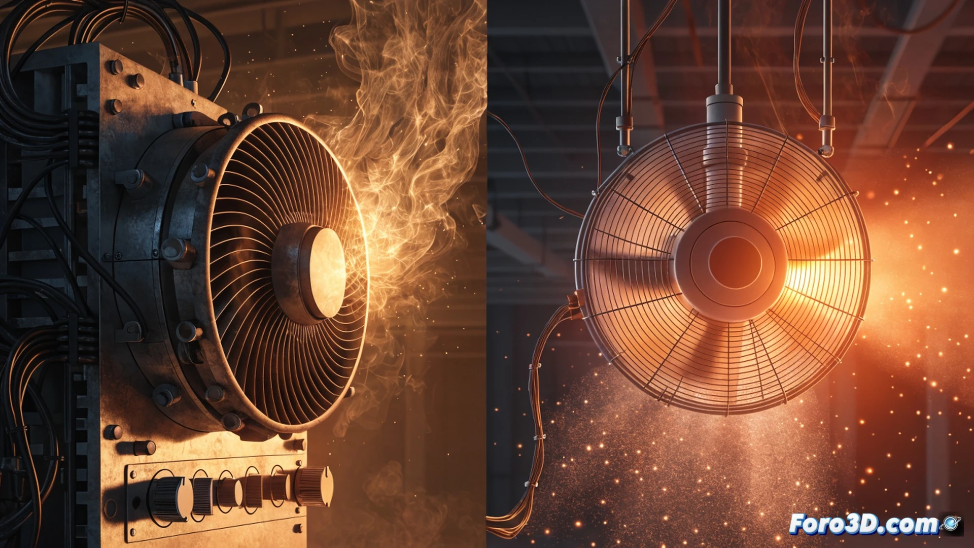 Photorealistic technical illustration of a desk fan blowing hot air onto a sweating elderly person in a 35°C room, humidity visible as faint steam, water spray bottle on table, skin showing dehydration signs, fan blades spinning with heat waves distorting the air, person fanning themselves with a paper, no text or numbers, cinematic lighting, ultra-detailed skin texture, warm orange and red tones, realistic thermal discomfort, engineering visualization of airflow vectors, dramatic shadow play, hyperrealistic human anatomy and sweat droplets, industrial fan design with visible motor grill, claustrophobic indoor heat scene