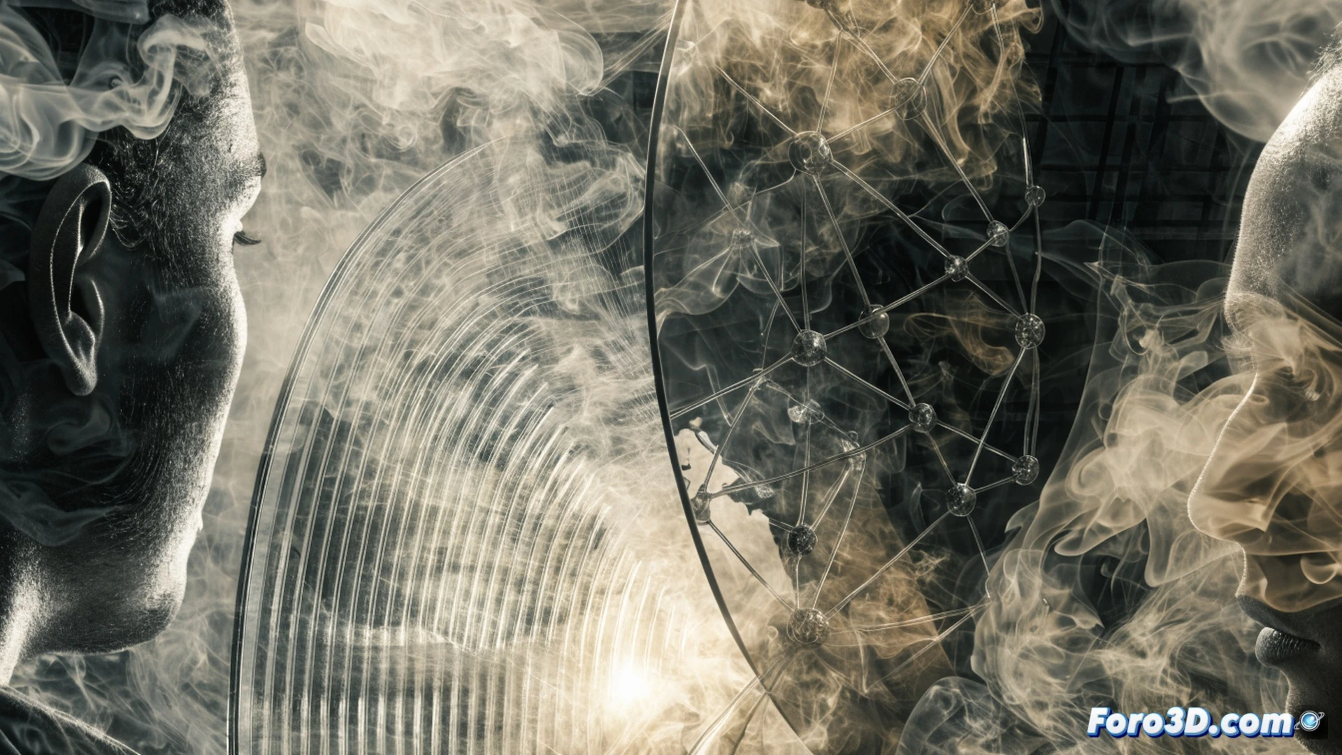 photorealistic cinematic scene of a person standing in a dense smoky room, holding a magnifying glass while inspecting a glowing smartphone screen showing distorted news headlines, smoke swirling around their hand, behind them a blurred television broadcasting chaotic financial graphs and health warnings, technical illustration style, dramatic side lighting, smoke particles scattering light beams, ultra-detailed textures on clothing and glass, dark moody atmosphere with amber highlights, action of filtering visual noise from clear information