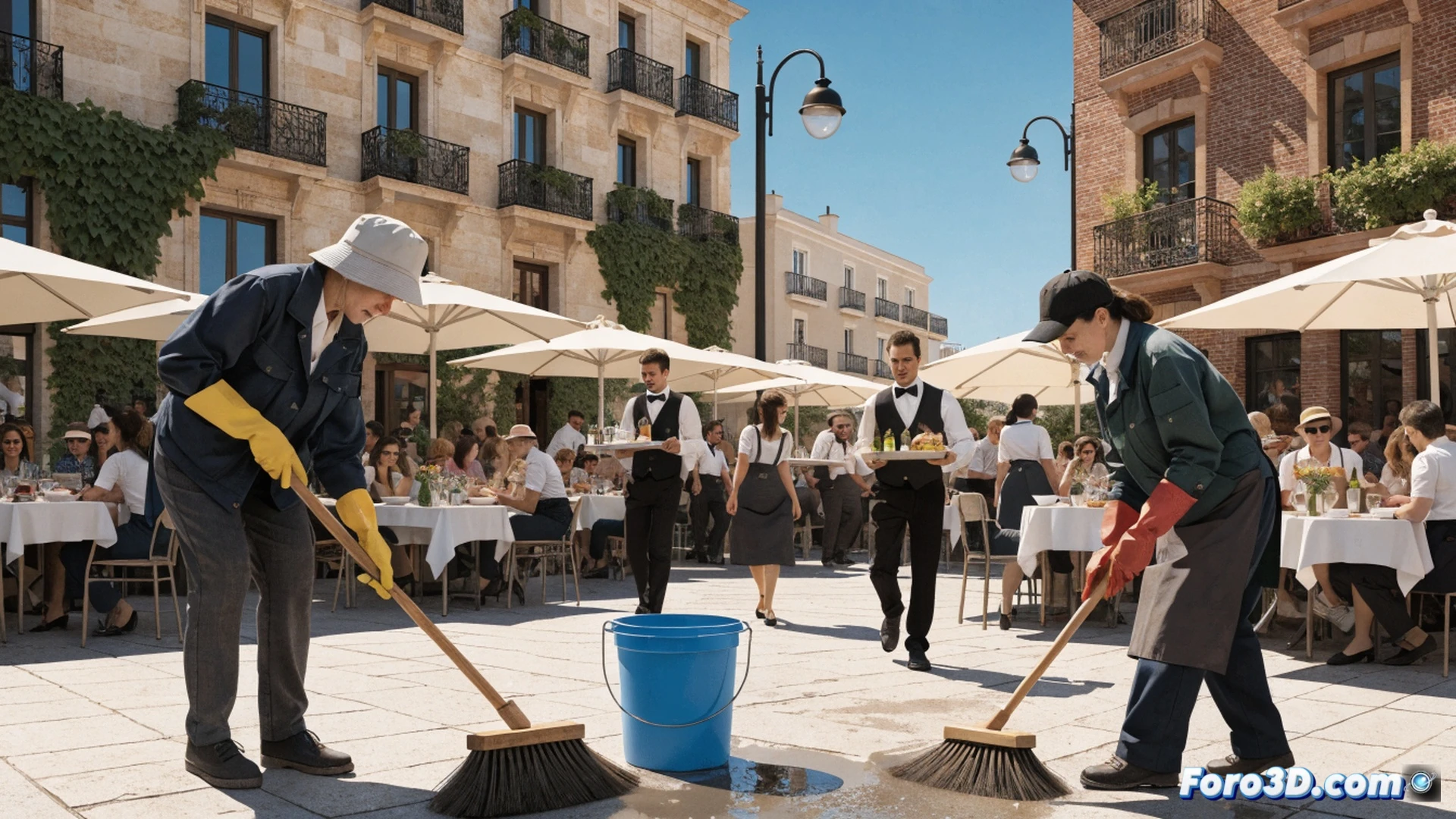 photorealistic wide-angle scene of a sunlit Spanish hotel terrace, summer 2026, a female cleaner in uniform mopping a tiled floor while a male foreign waiter carries a tray of drinks, both in motion during a busy lunch service, cleaning bucket with mop wringer nearby, waiter’s tablet showing digital order system, scattered empty tables with napkins and glasses, bright outdoor lighting casting long shadows, high contrast between polished floor and shaded parasol, cinematic documentary style, ultra-detailed textures on fabric and ceramic, no text or numbers visible