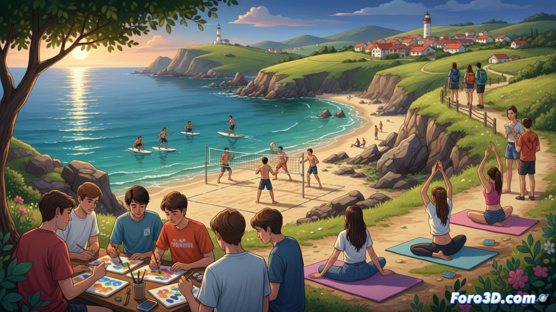 young people kayaking on a clear Asturian river, sunlight reflecting off water, paddles splashing droplets, forested mountains in background, one teen adjusting a life jacket, another laughing while balancing on a paddleboard, technical illustration style, photorealistic outdoor lighting, bright summer colors, action showing coordination and balance, safety gear visible, group dynamic demonstrating convivencia, no text or numbers, cinematic framing, wide-angle lens effect