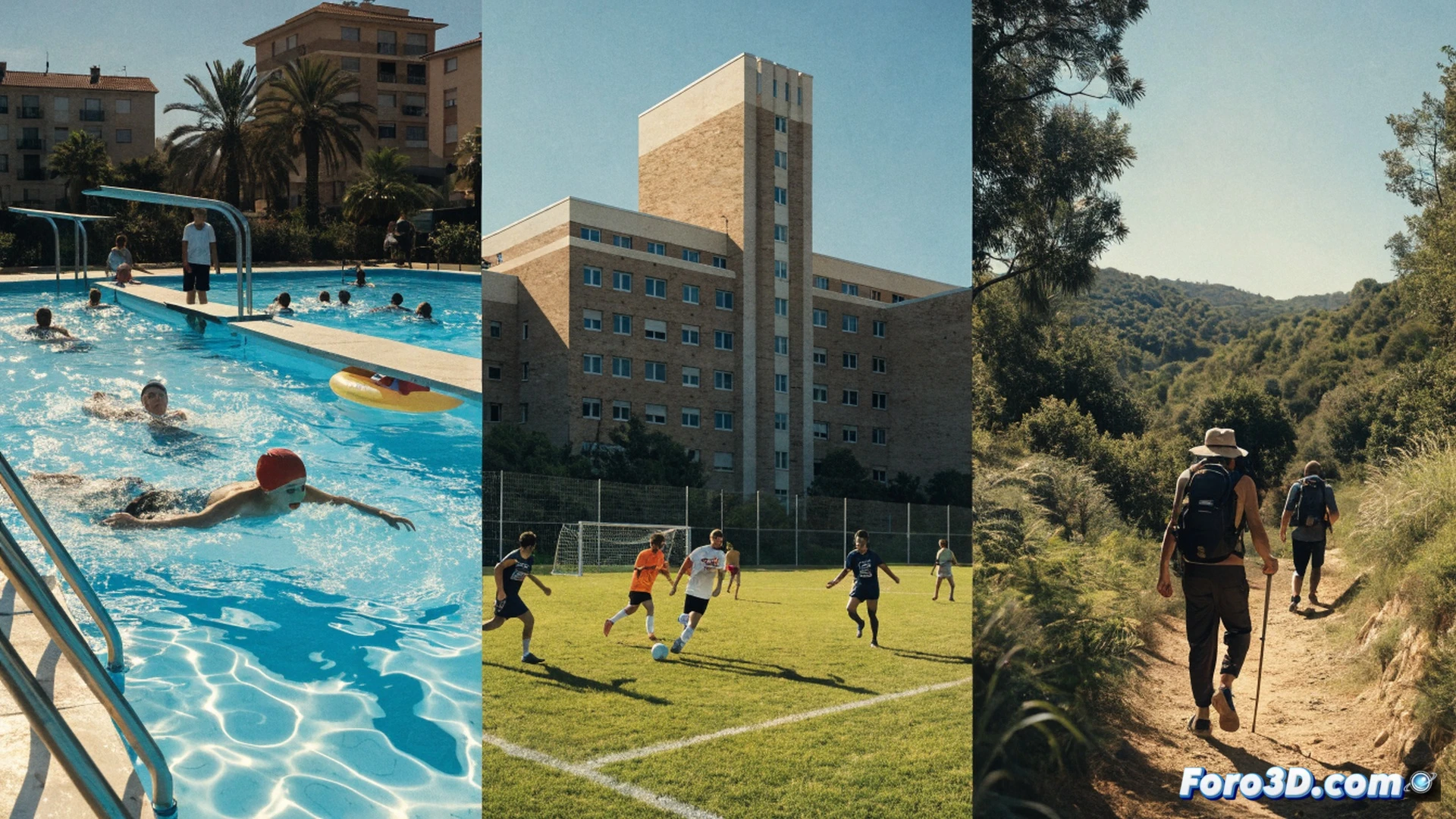 Grupo diverso de personas corriendo y estirándose en una pista de atletismo municipal al atardecer, jóvenes nadando en una piscina pública con chorros de agua, niños jugando fútbol en césped sintético, mochilas y botellas de agua junto a bancos, instalaciones deportivas modernas con gradas y postes de iluminación LED, fotorealismo cinematográfico, luz cálida de verano, cielo despejado con nubes suaves, acción dinámica mostrando movimiento y energía comunitaria, profundidad de campo amplia, colores vibrantes y contrastados