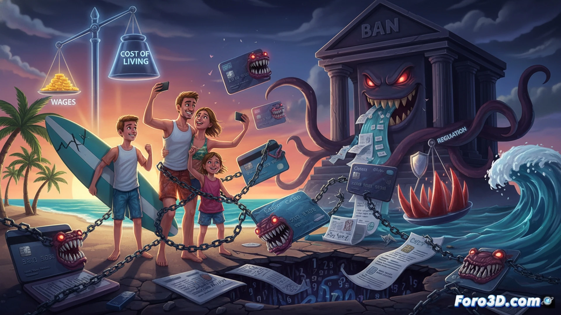 Cinematic photorealistic scene of a family at a sunlit beach table, a father signing a loan contract on a tablet while a bank hologram displays skyrocketing interest rates and a countdown timer, credit cards melting into chains wrapping around a sinking inflatable boat, underwater view showing an anchor made of mortgage documents dragging the boat down, financial software interface glowing with red alert warnings in the background, dramatic lighting with harsh shadows from noon sun, ultra-detailed skin textures and sand grains, technical illustration style with cutaway view of debt accumulation process