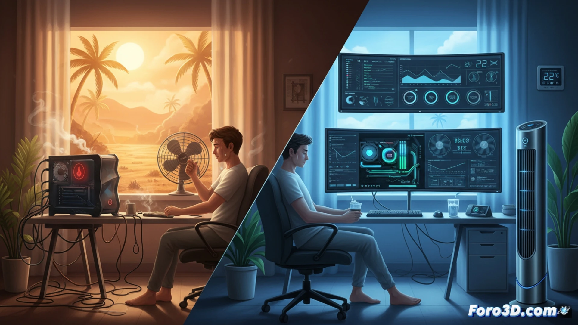 gaming PC desktop interior con ventilación forzada durante mantenimiento de verano, disipador de CPU con pasta térmica fresca aplicada, ventiladores de alta presión girando a máxima velocidad expulsando aire caliente visible como ondas de calor distorsionadas sobre los componentes, técnico usando soplador de aire comprimido para limpiar polvo del radiador de refrigeración líquida, cables gestionados con canaletas dejando flujo de aire libre, placa base con sensores térmicos mostrando lecturas en pantalla externa, iluminación LED azul fría contrastando con rojo de advertencia térmica, estilo cinematográfico hyperrealista, profundidad de campo reducida, texturas metálicas detalladas, render técnico fotorealista