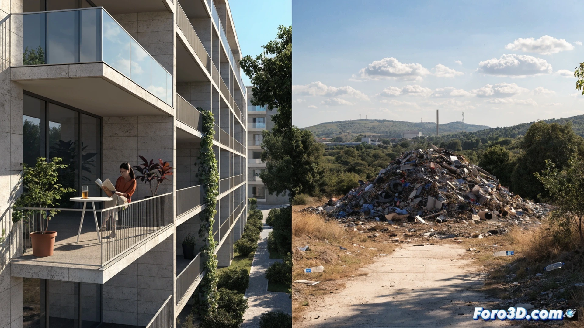 Montón de escombros ilegales en una carretera rural polvorienta cerca de Sagunt, un ciudadano vestido informalmente arroja una bolsa de restos de obra junto a un contenedor de basura desbordado, mientras al fondo un cartel municipal de concienciación ignorado se oxida, un camión de punto limpio visible con rampa de acceso bloqueada por maleza, estilo fotorealista cinematográfico, luz de atardecer, sombras alargadas, texturas rugosas de escombros y polvo, composición de denuncia visual, alta definición técnica.