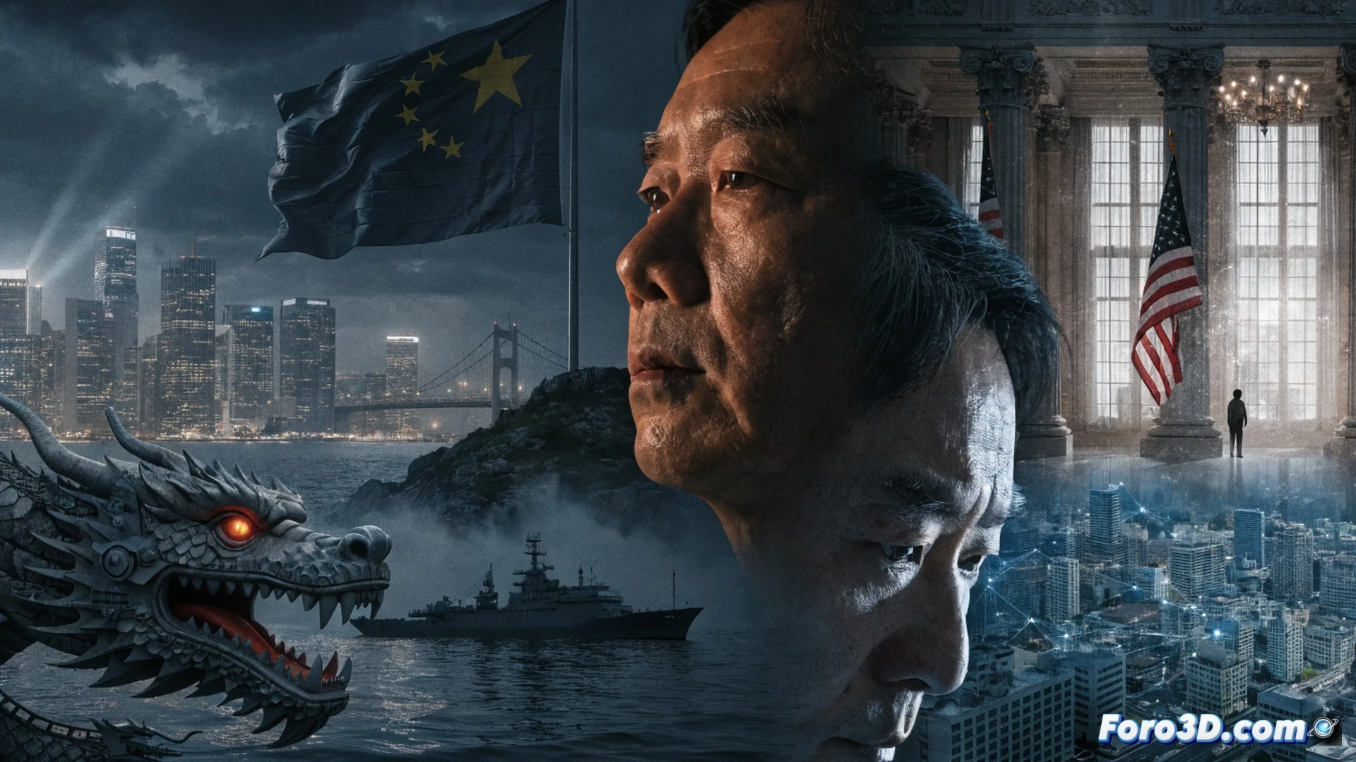 Cheng standing at a podium in a dim Washington conference room, American diplomats turning away with crossed arms while a Chinese flag hologram flickers behind her, unstable political map of Taiwan glowing red on a digital screen beside her, broken handshake gesture frozen mid-air, dark suits and briefcases scattered, cinematic photorealistic style, tense facial expressions, cold blue and red lighting, smoke-like uncertainty swirling around, ultra-detailed fabric textures, dramatic shadows, high-contrast political thriller aesthetic