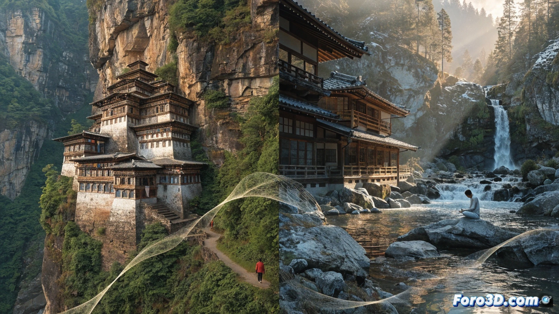 photorealistic scene of a traveler meditating on a wooden platform in a misty Bhutanese forest, surrounded by ancient prayer flags and moss-covered stones, while a holographic tablet floats nearby displaying a personalized emotional impact report with glowing heart-rate and brain-wave graphs, digital health metrics overlaying the natural landscape, morning sunlight filtering through pine trees, subtle steam rising from a ceramic tea cup beside the user, cinematic wellness visualization, soft golden hour lighting, ultra-detailed foliage and textile textures, technical illustration style with transparent data interfaces