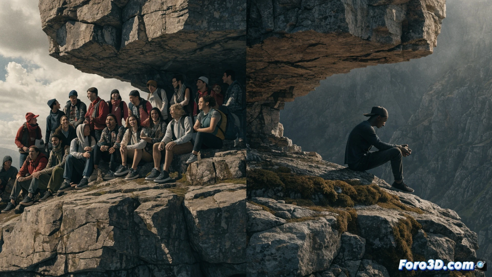 Grupo diverso de adultos caminando por un sendero de montaña en Perú, mochilas y bastones visibles, mientras una mujer joven señala un cóndor volando, otro hombre ríe con un mapa desplegado, drones de filmación sobrevuelan documentando la excursión, cascada al fondo, luz dorada del atardecer, estilo cinematográfico fotorrealista, acción colaborativa al aire libre, conexión humana sin pantallas, texturas de ropa técnica y vegetación andina, composición dinámica en movimiento.