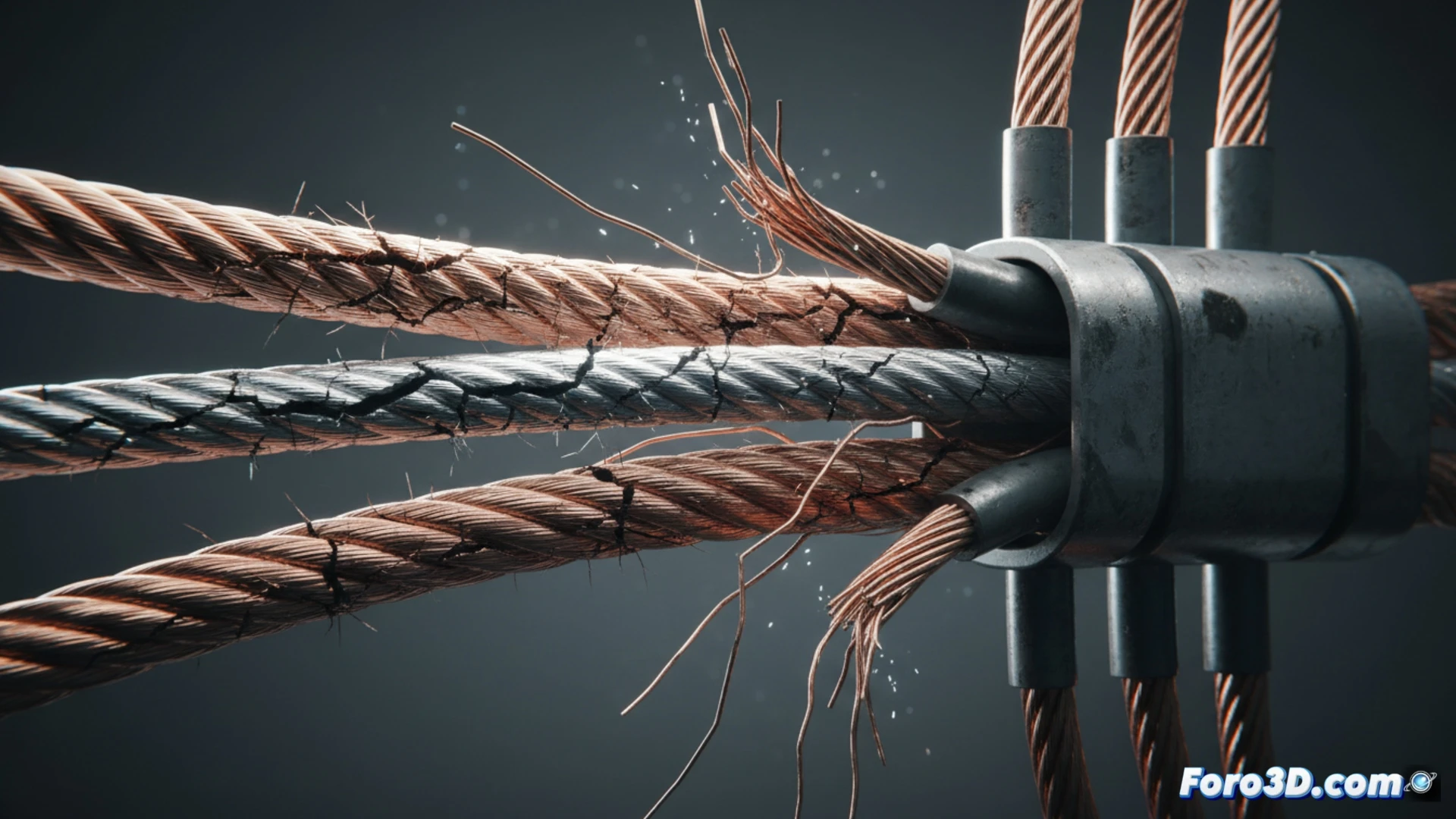 Simulación 3D de fatiga en cable eléctrico por vibración continua mostrando microfisuras y rotura estructural