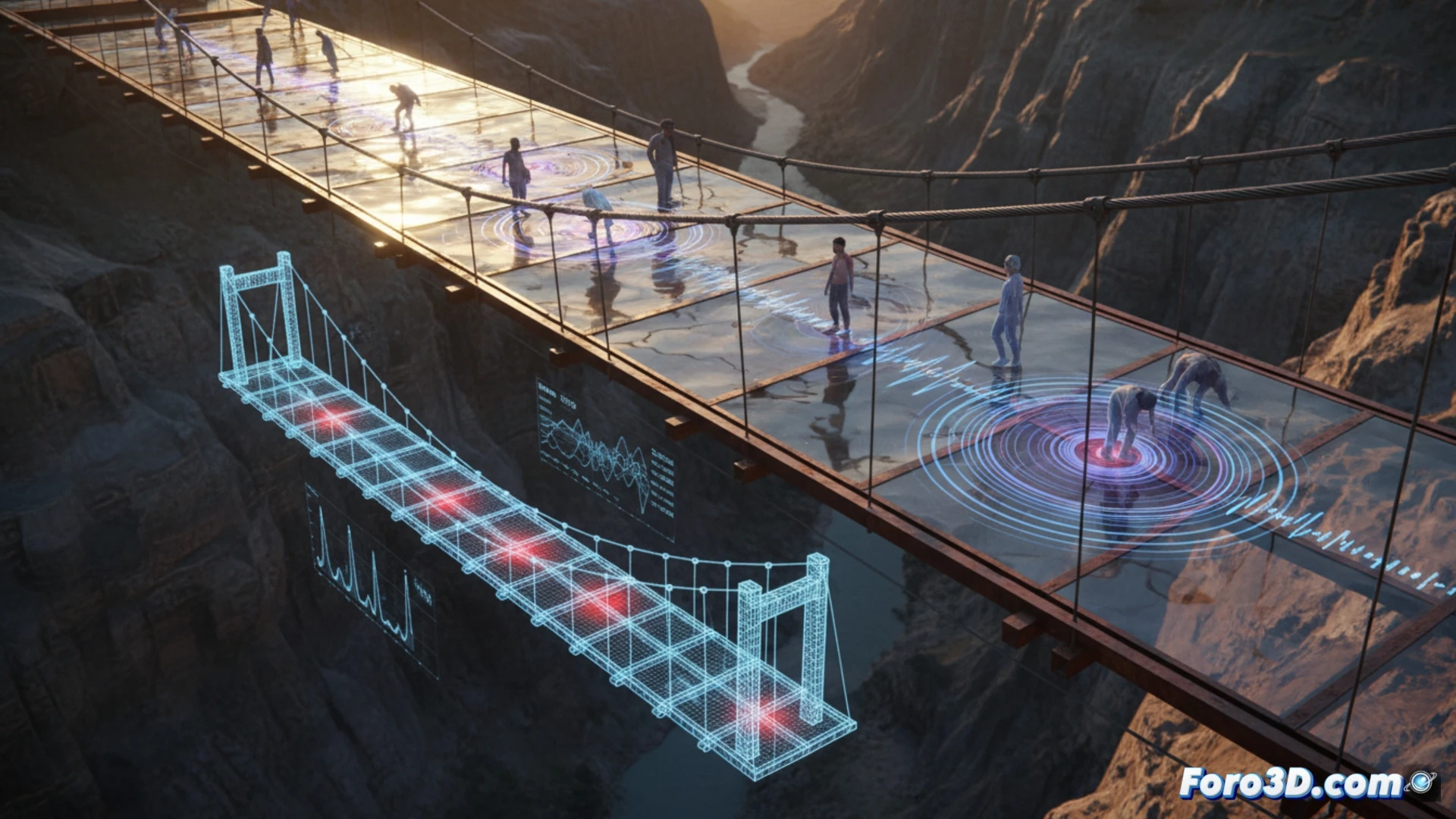 Simulación 3D de vibración en puente de cristal mostrando ondas de tensión y puntos críticos de fallo estructural