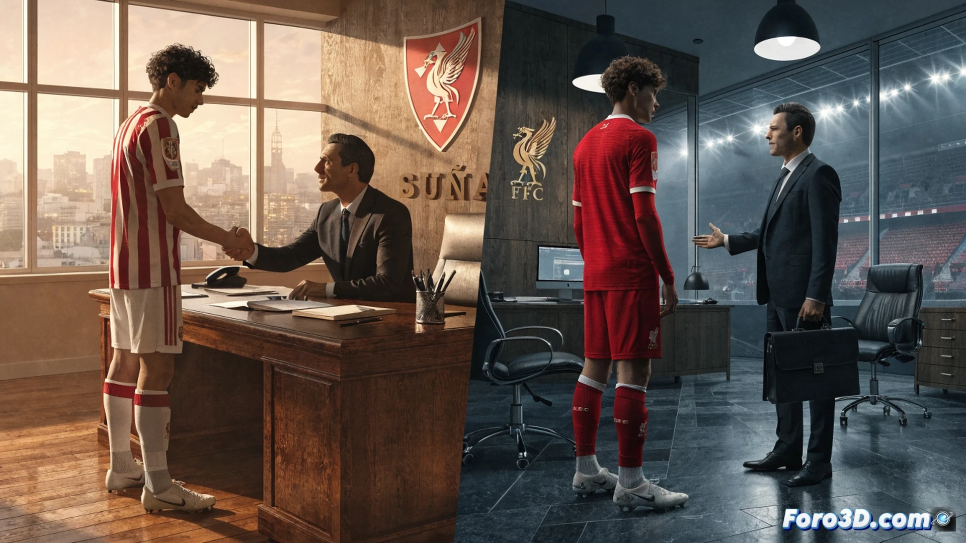 young Spanish midfielder Víctor Muñoz in Liverpool red kit signing a contract, two transparent glass footballs labeled with Osasuna and Real Madrid crests split by a glowing 40 million euro symbol, agent Andoni Iraola observing from behind, photorealistic sports business visualization, polished mahogany desk, scattered euros and tactical papers, dramatic spotlight on the player’s face, sharp reflections on glass, high-contrast cinematic lighting, ultra-detailed fabric textures, professional football transfer scene