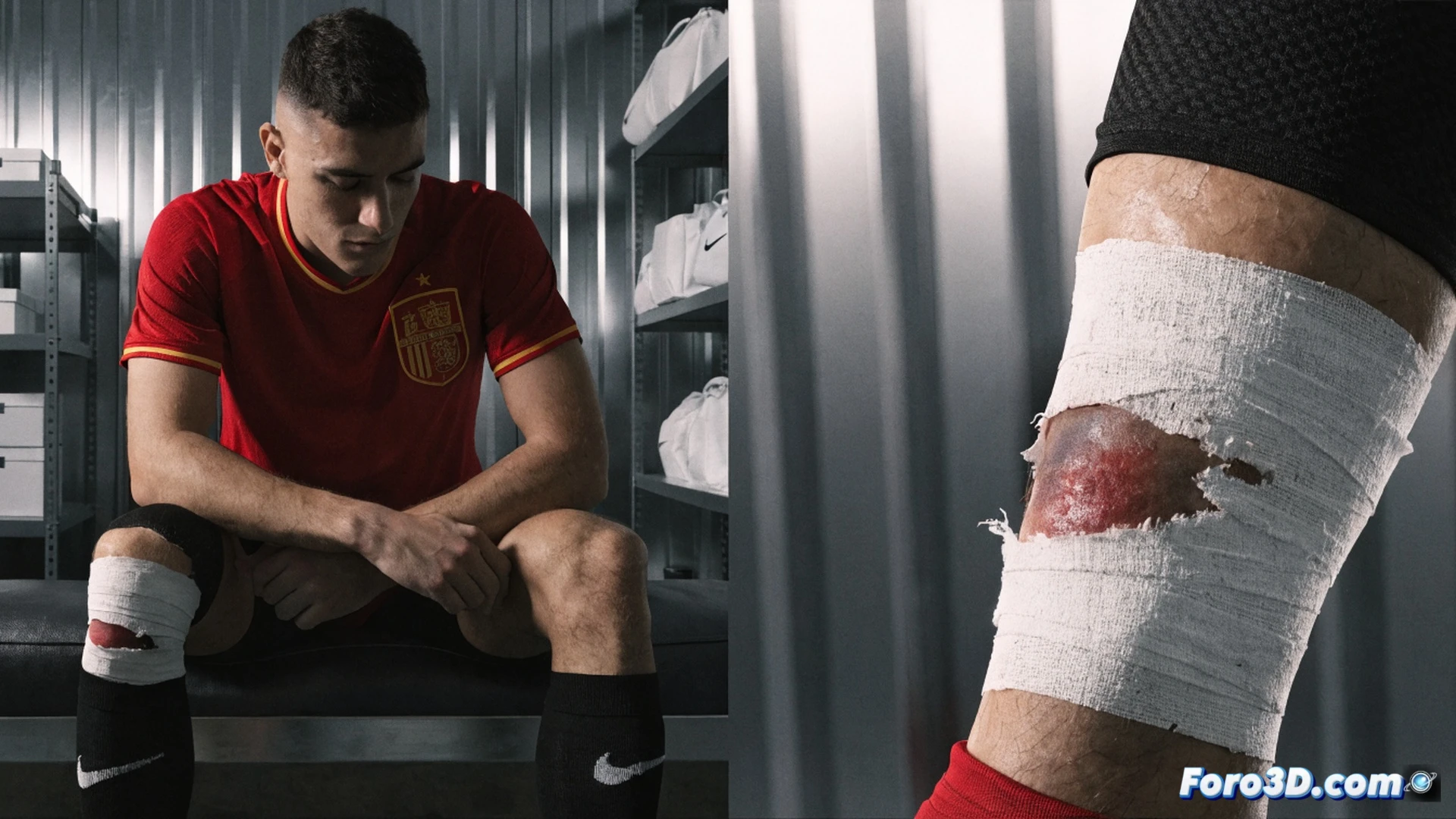 futbolista cayendo al suelo durante un sprint en un campo de entrenamiento, agarrando el muslo posterior de la pierna derecha con expresión de dolor, fondo de césped verde con conos de entrenamiento y un banco de suplentes vacío, cerca de una camilla médica y un desfibrilador portátil sobre el césped, luz natural de tarde nublada, estilo cinematográfico deportivo, fotorealismo técnico, captura de movimiento congelado, sudor visible en la piel, textura detallada del césped y la ropa deportiva, profundidad de campo reducida