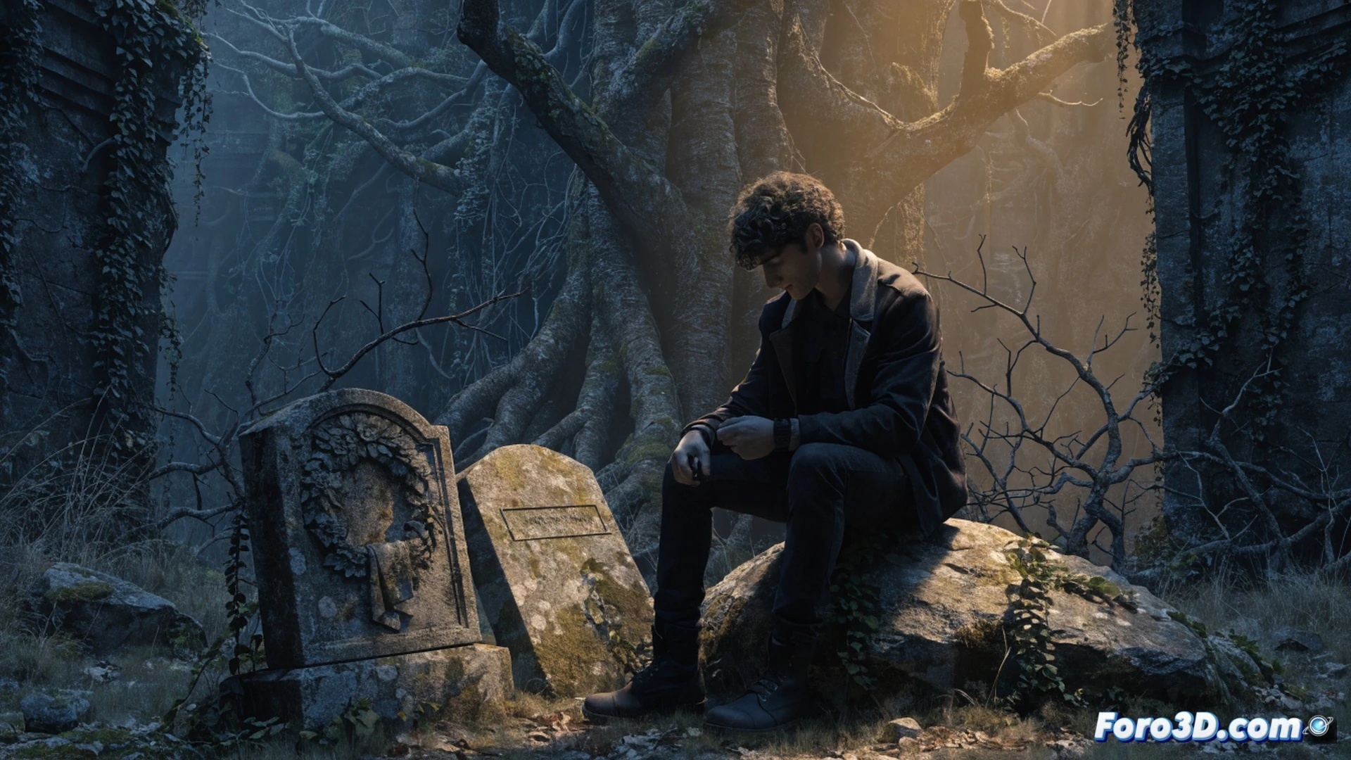 Man in worn jacket kneeling at two wooden crosses in damp forest clearing, hands touching carved names on weathered planks, yellow wildflowers scattered on mossy ground, distant fog among twisted trees, cinematic emotional scene, sunset light filtering through branches, photorealistic texture on bark and fabric, subtle motion blur on falling leaves, melancholic atmosphere, wide-angle lens effect, deep shadows, high contrast between golden light and dark woods, ultra-detailed natural environment