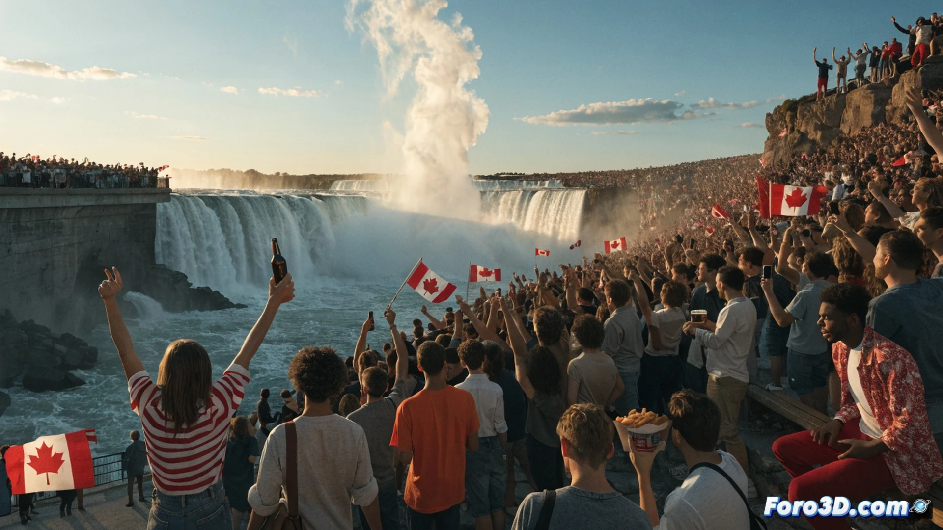 Cataratas del Niágara iluminadas con luces rojas y blancas de Canadá, cientos de personas celebrando con cerveza y poutine alzada en primer plano, humo de bengalas rojas elevándose sobre la multitud, cascadas masivas rugiendo de fondo, fotografía nocturna de larga exposición, atmósfera festiva y patriótica, banderas canadienses ondeando, reflejos de luces en el agua, multitud abrazándose y saltando, estilo cinematográfico realista, alta definición, profundidad de campo, colores vibrantes y saturados, sensación de movimiento y euforia colectiva