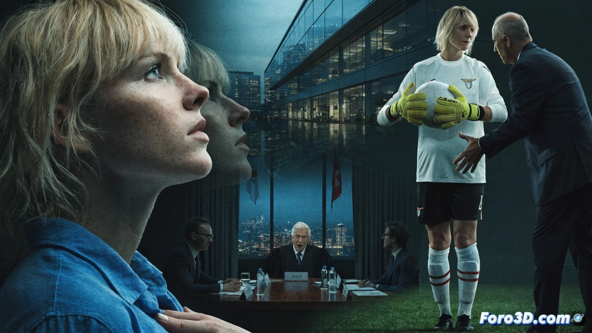 Estadio vacío, una portería de fútbol con redes desgastadas, primer plano de un contrato roto en el suelo junto a un balón de fútbol, una mano femenina sosteniendo un documento legal con sello de tribunal, luz de juzgado proyectando sombras alargadas, ángulo bajo dramático, ilustración técnica realista, estilo cinematográfico forense, textura de papel arrugado y césped artificial, demostrando el proceso de resolución legal, sin texto visible.