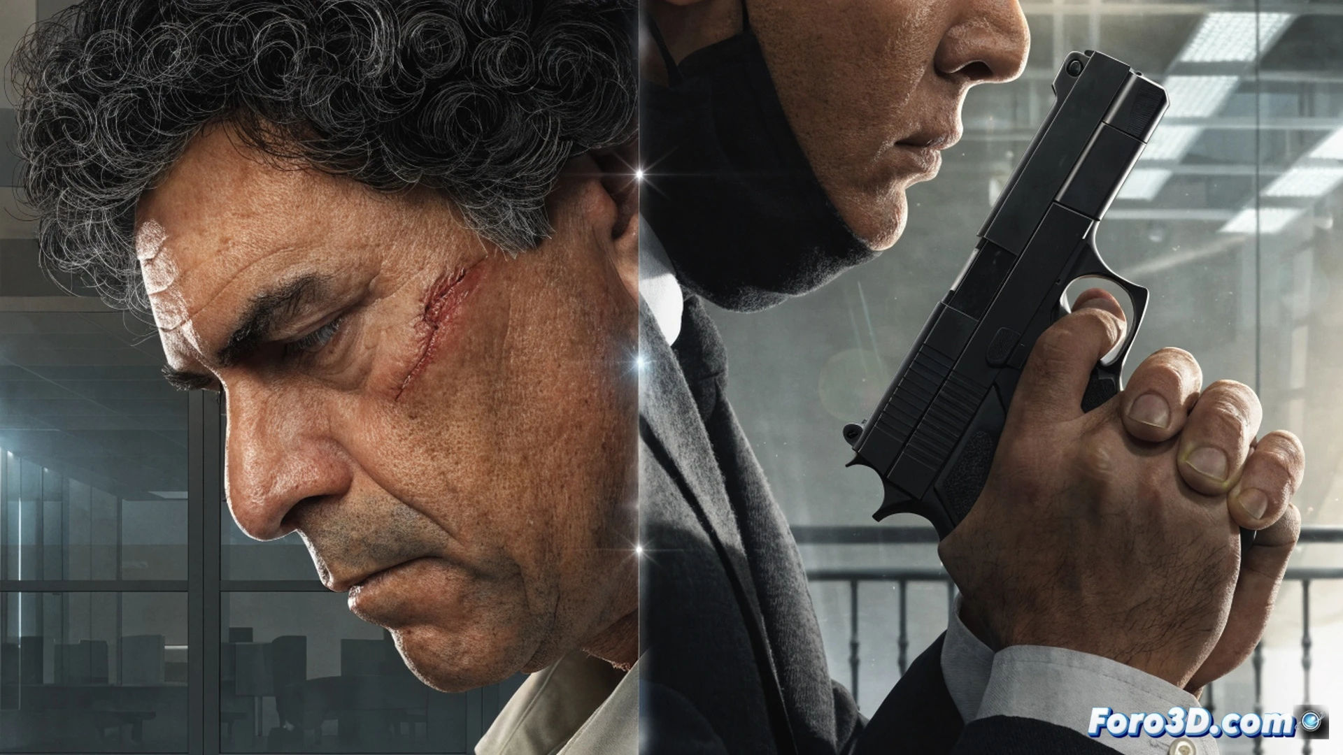 A man in a dark suit with a bandaged shoulder standing in a Madrid courtroom dock, pointing toward a handcuffed assailant in a security glass booth, a judge in a black robe sitting behind a raised wooden bench with a gavel, a prosecutor holding a red-bound legal dossier, a digital calendar on the wall displaying 2027, photorealistic cinematic style, dramatic overhead fluorescent lighting, polished metal handrails, tension in the room, high-contrast shadows, ultra-detailed textures of wood and glass, technical legal environment.