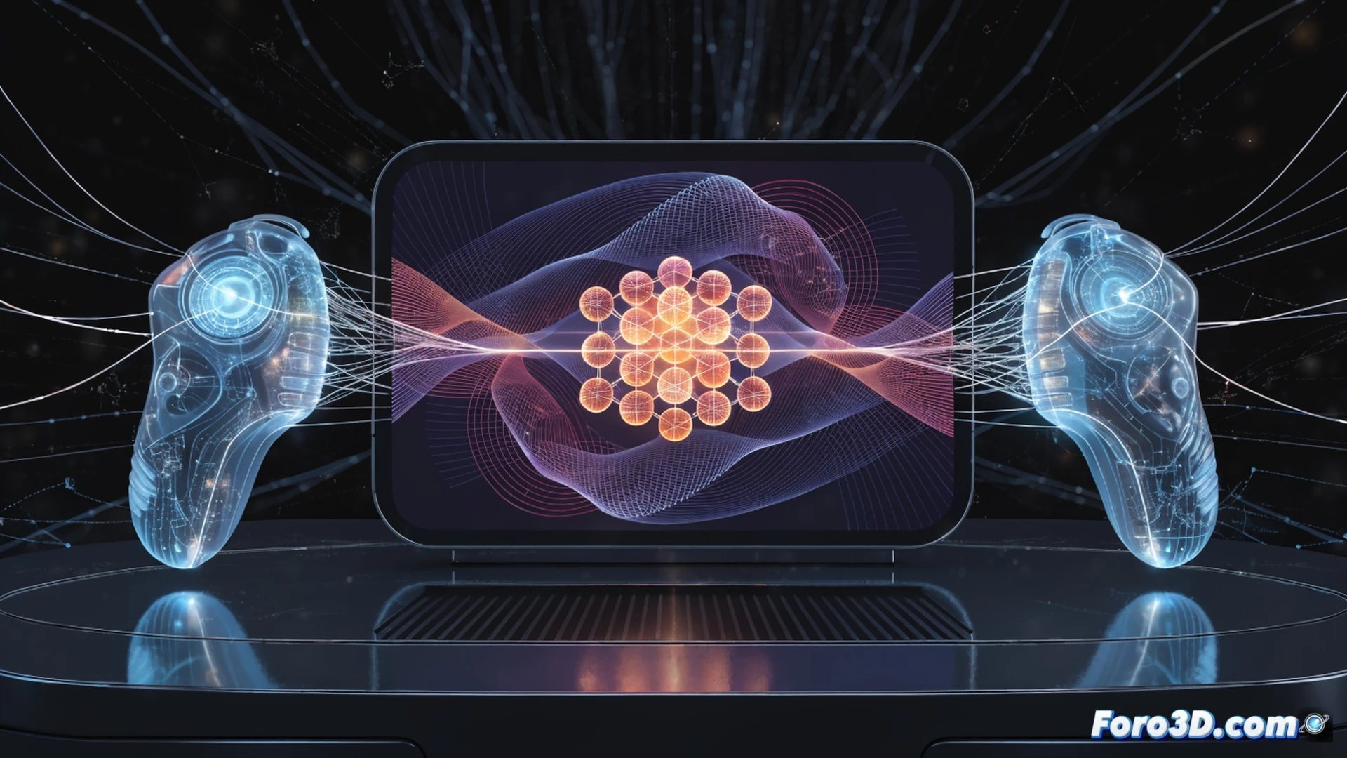 cinematic shot of a gamer holding a controller while a glowing quantum particle splits into two entangled copies on screen, one floating above the player's hand, the other inside a pixelated digital world, showing superposition and entanglement in real-time action, holographic circuit board patterns around the controller, neon blue and purple light trails connecting the physical and virtual realms, photorealistic technical illustration, ultra-detailed hardware with visible microchips and quantum gates, dramatic studio lighting, sharp focus on the interaction between player and screen