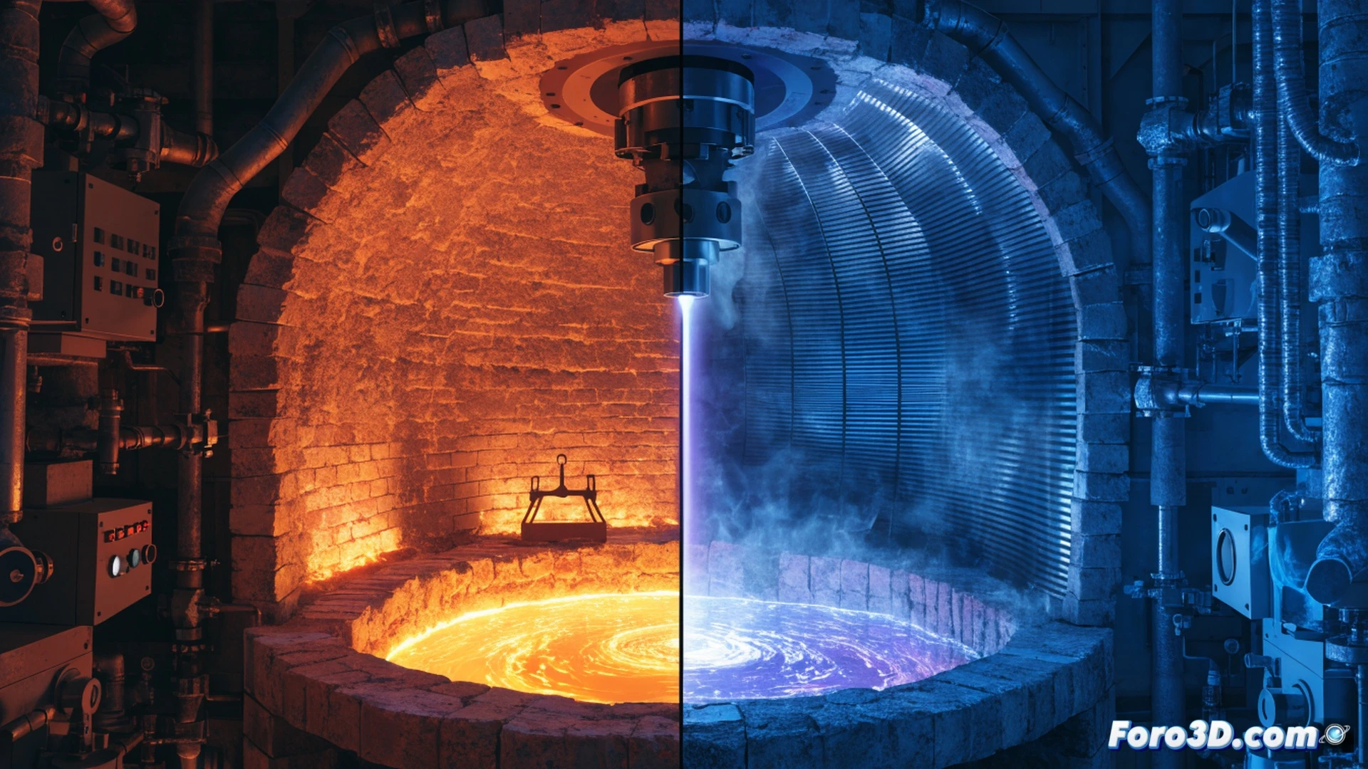 industrial plasma furnace for zero-emission glass manufacturing, molten glass glowing orange inside a cylindrical reactor, plasma torches firing intense blue-white arcs into the raw batch materials, replacing traditional gas burners, ceramic lining refracting heat, raw silica sand being fed from above while plasma streams melt it instantly, no smoke or exhaust stacks visible, clean metallic pipes and electrical conduits connecting to renewable energy sources, photorealistic engineering visualization, dramatic contrast between cool plasma blue and hot glass orange, ultra-detailed refractory bricks and electrode tips, industrial safety rails and monitoring sensors around the furnace, bright workshop lighting reflecting off polished steel surfaces, cinematic technical illustration