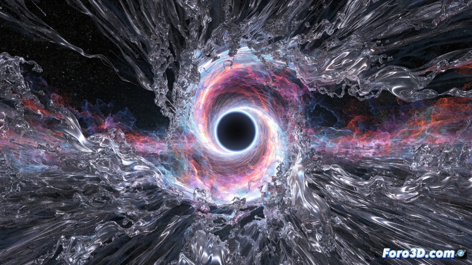 galactic quasar J2318 with luminous accretion disk, ultra-fast gas outflow at 30 percent light speed streaming away from central black hole, gas particles being ejected in ultraviolet light, shockwaves disrupting surrounding star-forming molecular clouds, distant galaxy stars fading as gas is expelled, cinematic space illustration, deep cosmic colors, intense bright core with blue-white plasma jets, glowing gas trails with motion blur, photorealistic astronomical visualization, dramatic high-contrast lighting, detailed relativistic effects near event horizon
