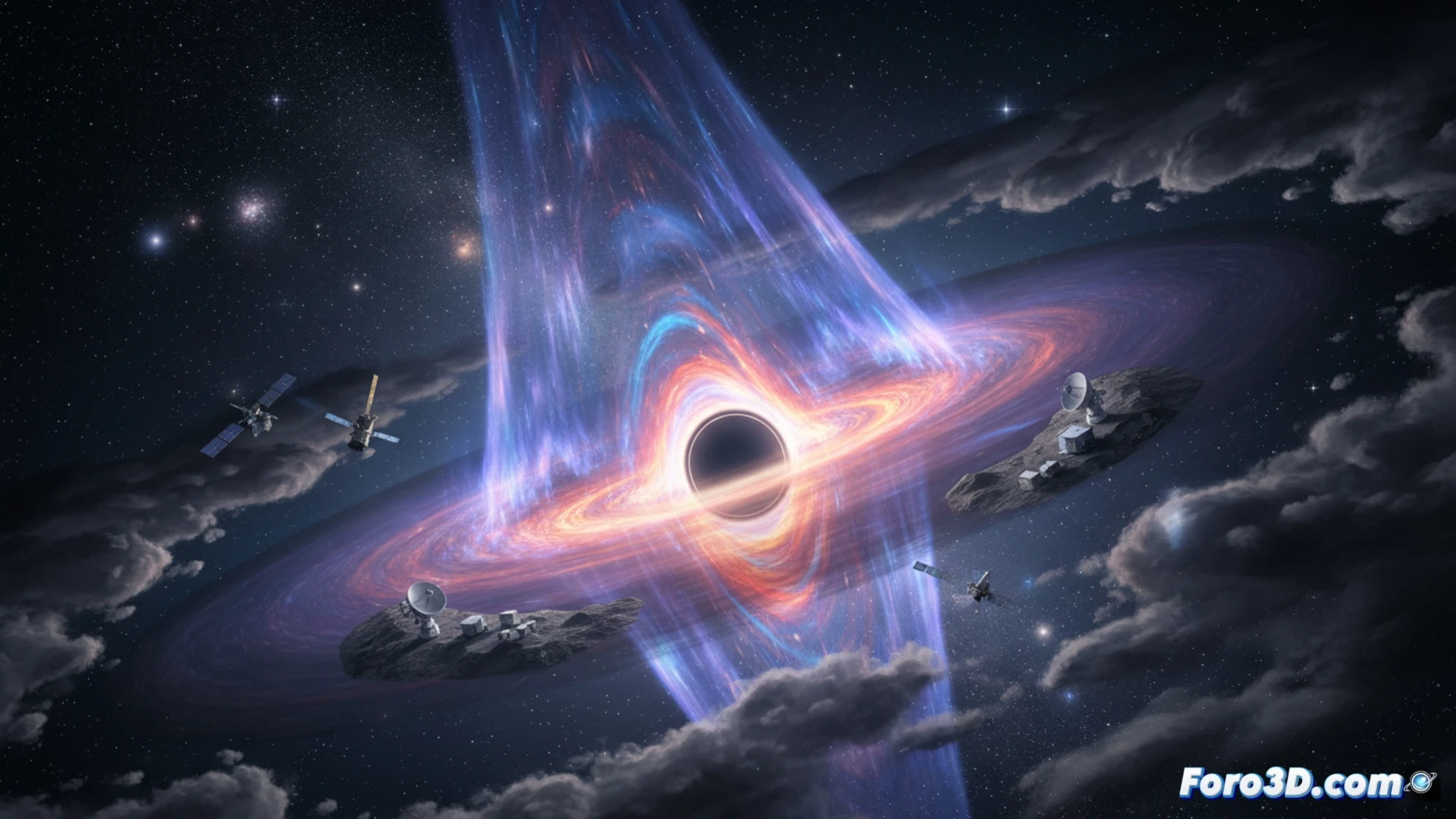 cosmic visualization of Sagittarius A* black hole at Milky Way center, cold gas cone being pushed outward by invisible stellar winds, ALMA radio telescope dish array observing from Chilean desert foreground, Chandra X-ray satellite orbiting above Earth in background, streams of ionized particles flowing away from event horizon, cold gas molecules dissolving into glowing plasma trails, dramatic space scene with deep black void and orange-blue cosmic dust, cinematic astrophysical illustration, wide-angle shot showing scale between telescope and black hole, hyperrealistic space render with volumetric gas clouds, technical astronomy visualization style